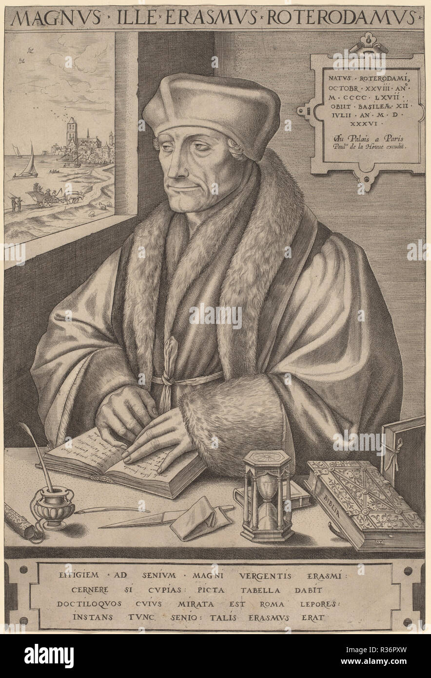 Erasmus von Rotterdam. Medium: Gravur. Museum: Nationalgalerie, Washington DC. Autor: Frans Huys nach Hans Holbein der Jüngere. Stockfoto