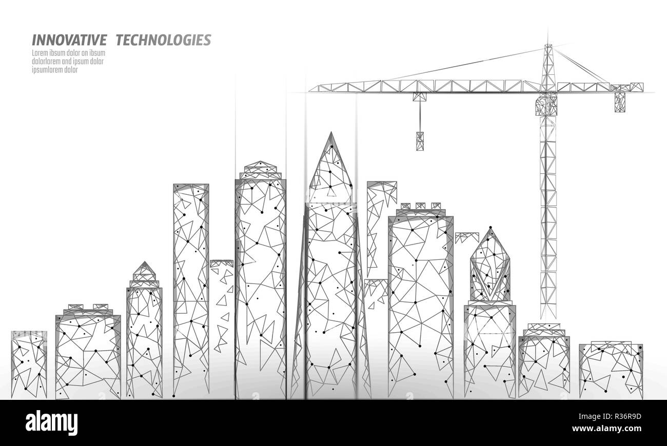 Low Poly Gebäude im Bau kran. Die industrielle Moderne Technologie für Unternehmen. Abstrakte polygonalen geometrischen 3D-Stadtbild städtischen Silhouette. Hoher Turm Wolkenkratzer weiß grau Vector Illustration Stock Vektor