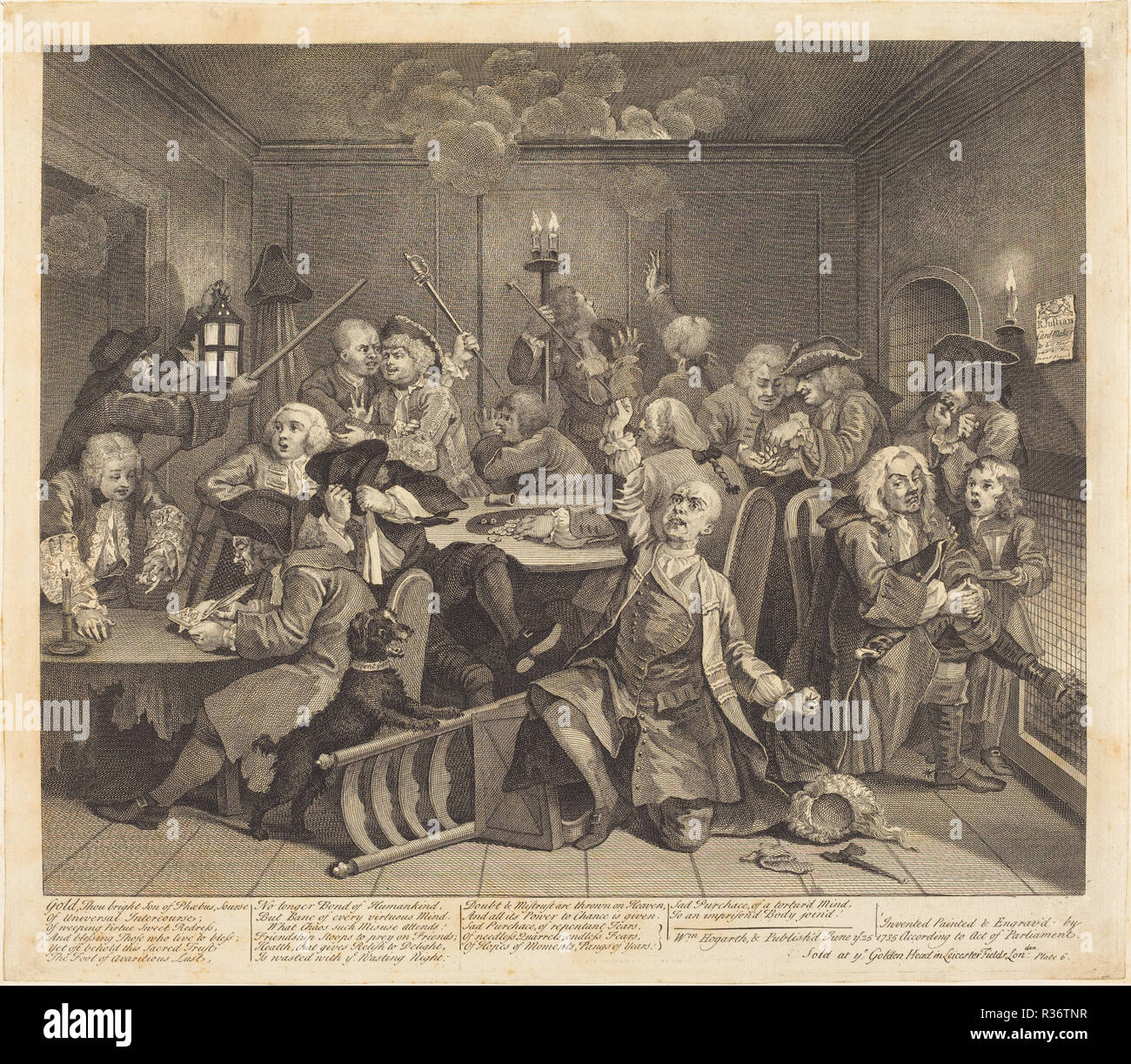 Der Rake's Progress: pl.6. Stand: 1735. Medium: Radierung und Gravur. Museum: Nationalgalerie, Washington DC. Autor: William Hogarth. Stockfoto