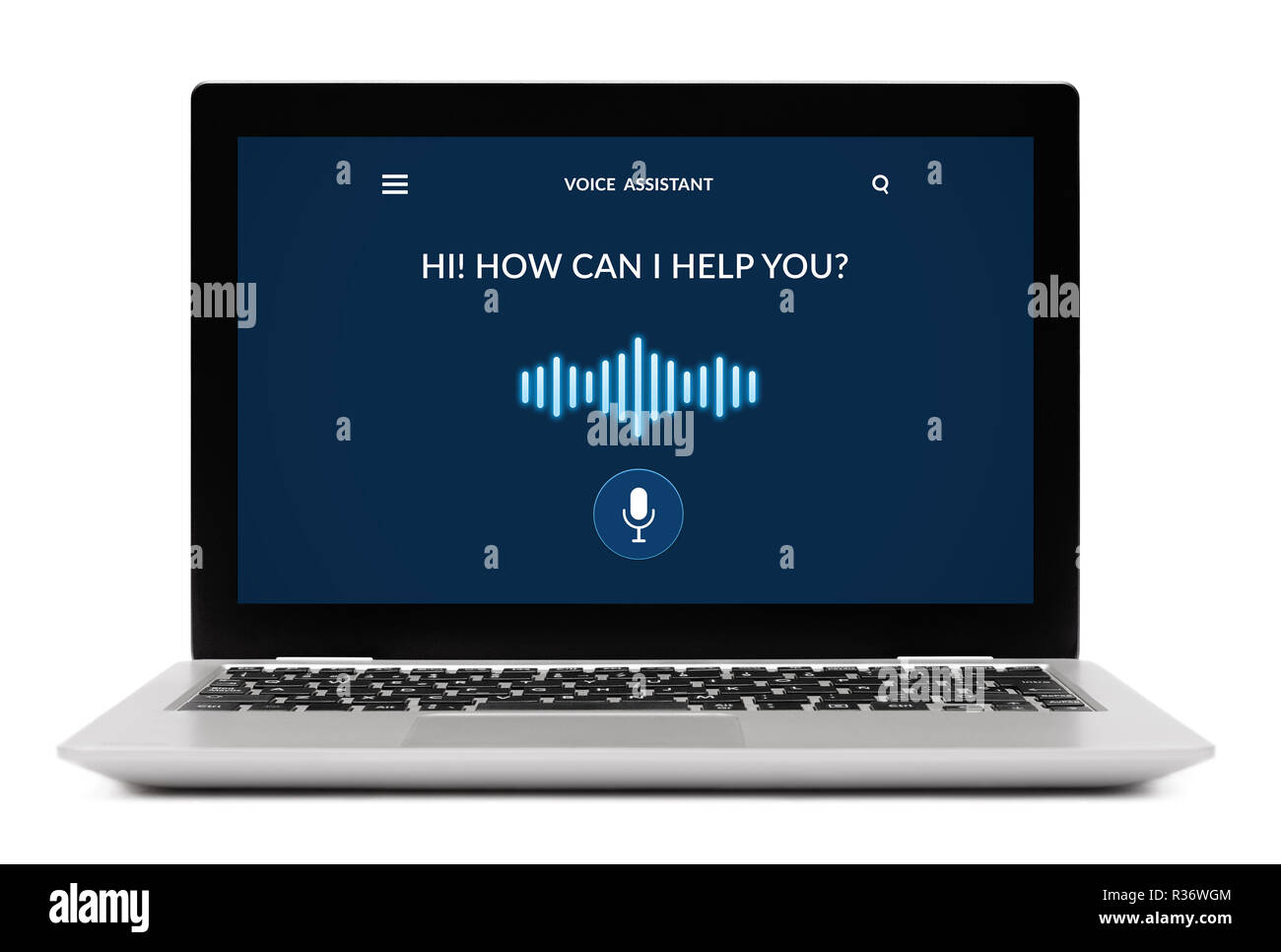 Voice Assistant Konzept auf Laptop. Auf weissem Hintergrund. Alle Inhalte werden von mir gestaltet. Stockfoto