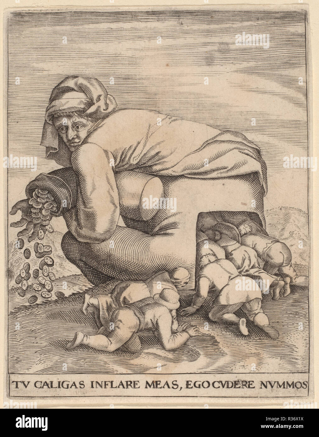 Der Mann mit dem Geldbeutel und seine Schmeichler. Medium: Gravur. Museum: Nationalgalerie, Washington DC. Autor: Jan Theodor de Bry nach Pieter Brueghel der Ältere. Stockfoto