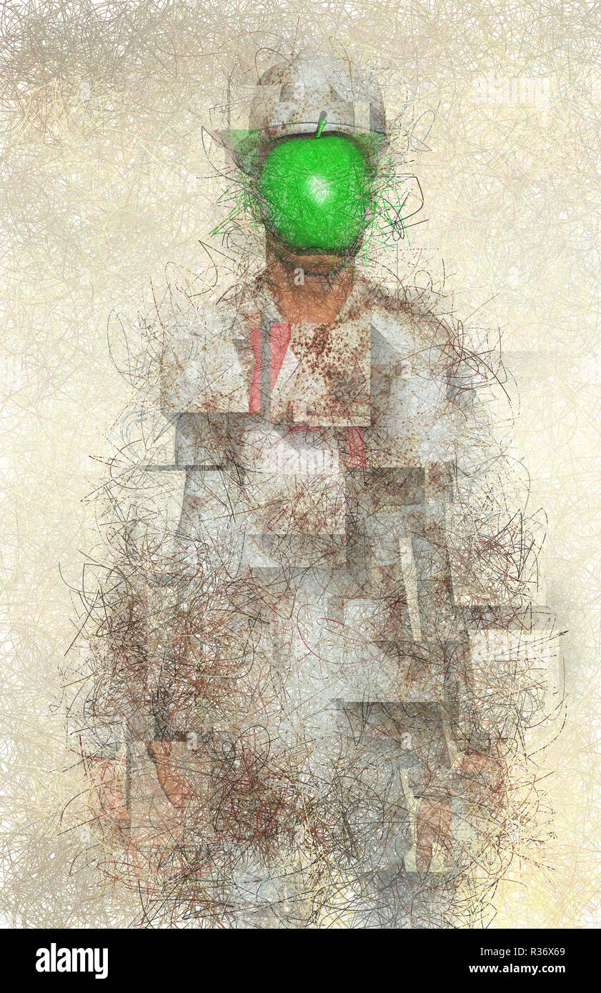 Surreale digitaler Kunst Mann in Weiß mit grünem Apfel statt. Rene Magritte  Stil Stockfotografie - Alamy