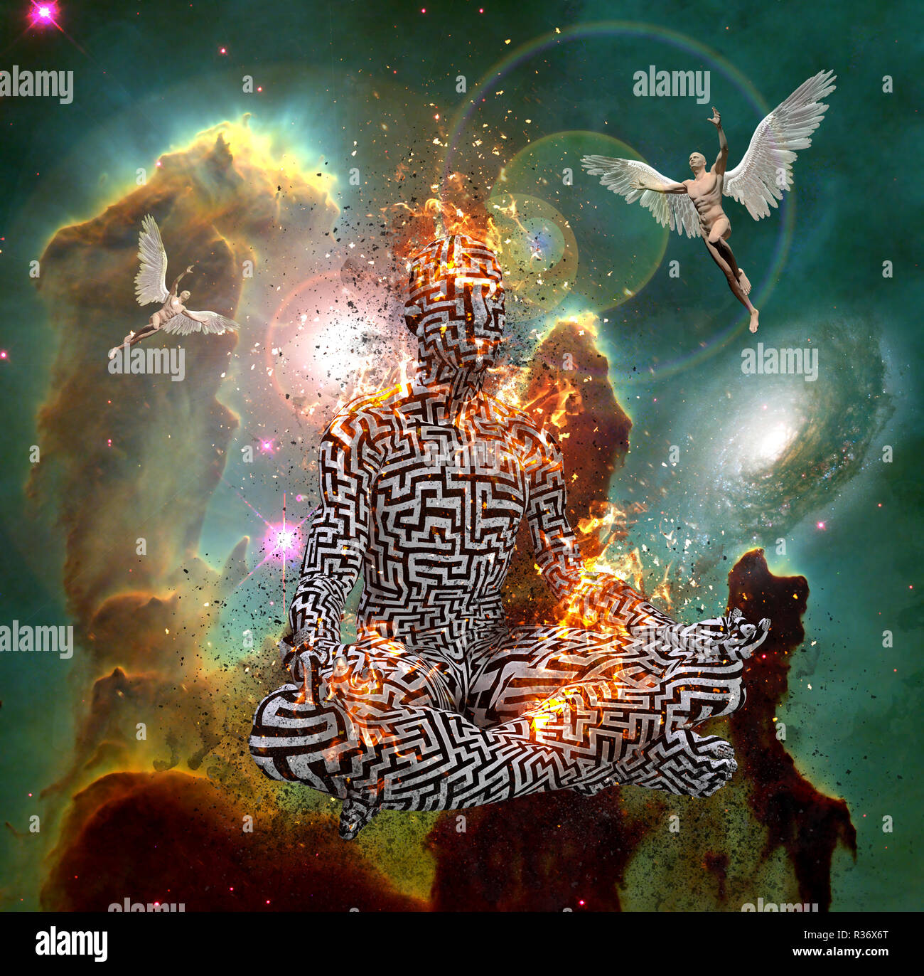 Surrealismus. Abbildung der Mann mit Labyrinth Muster im Lotussitz in Flammen. Männer mit Flügeln stellt Engel. Meditation Stockfoto
