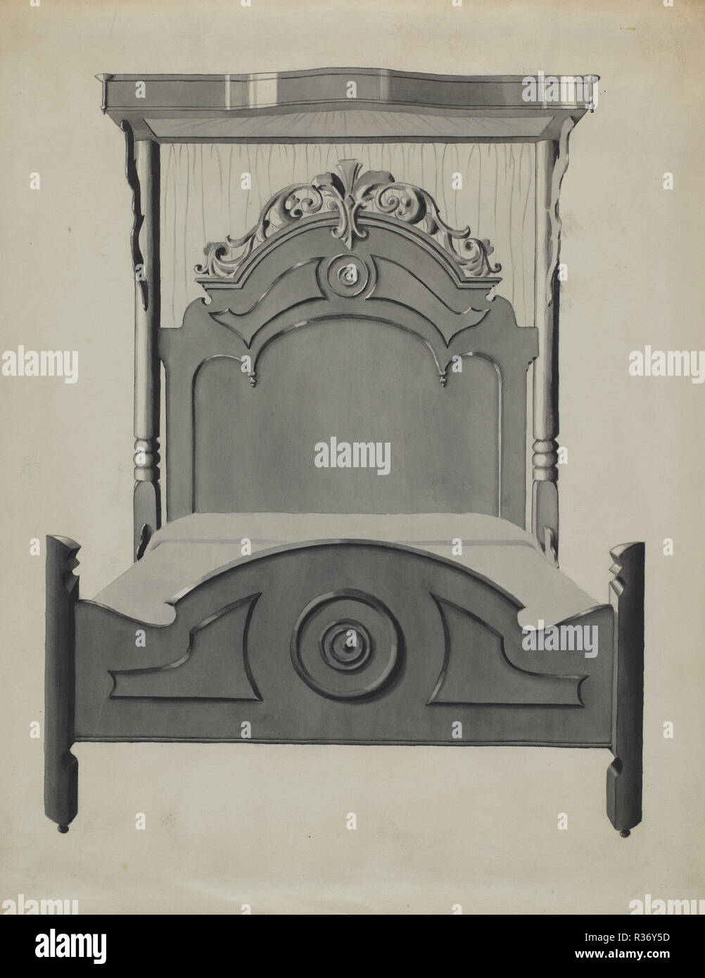 Hälfte - Vordach geschnitzten Bett. Vom: C. 1936. Maße: gesamt: 35,5 x 27,9 cm (14 x 11 in.) Original IAD Objekt: 6 1/2', 5', 7 1/2' hoch. Medium: Aquarell, Buntstift und Graphit auf Papier. Museum: Nationalgalerie, Washington DC. Autor: Dorothy Posten. Stockfoto