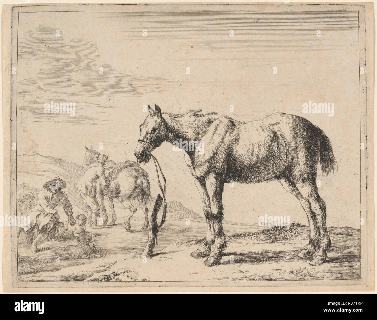 Ein Pferd gebunden an einen Pfosten. Stand: 1651. Abmessungen: Platte: 15,4 x 19,4 cm (6 1/16 x 7 5/8 in.) Blatt: 15,7 x 20,2 cm (6 3/16 x 7 15/16 in.). Medium: Radierung auf Bütten. Museum: Nationalgalerie, Washington DC. Autor: DIRCK STOOP. Stockfoto