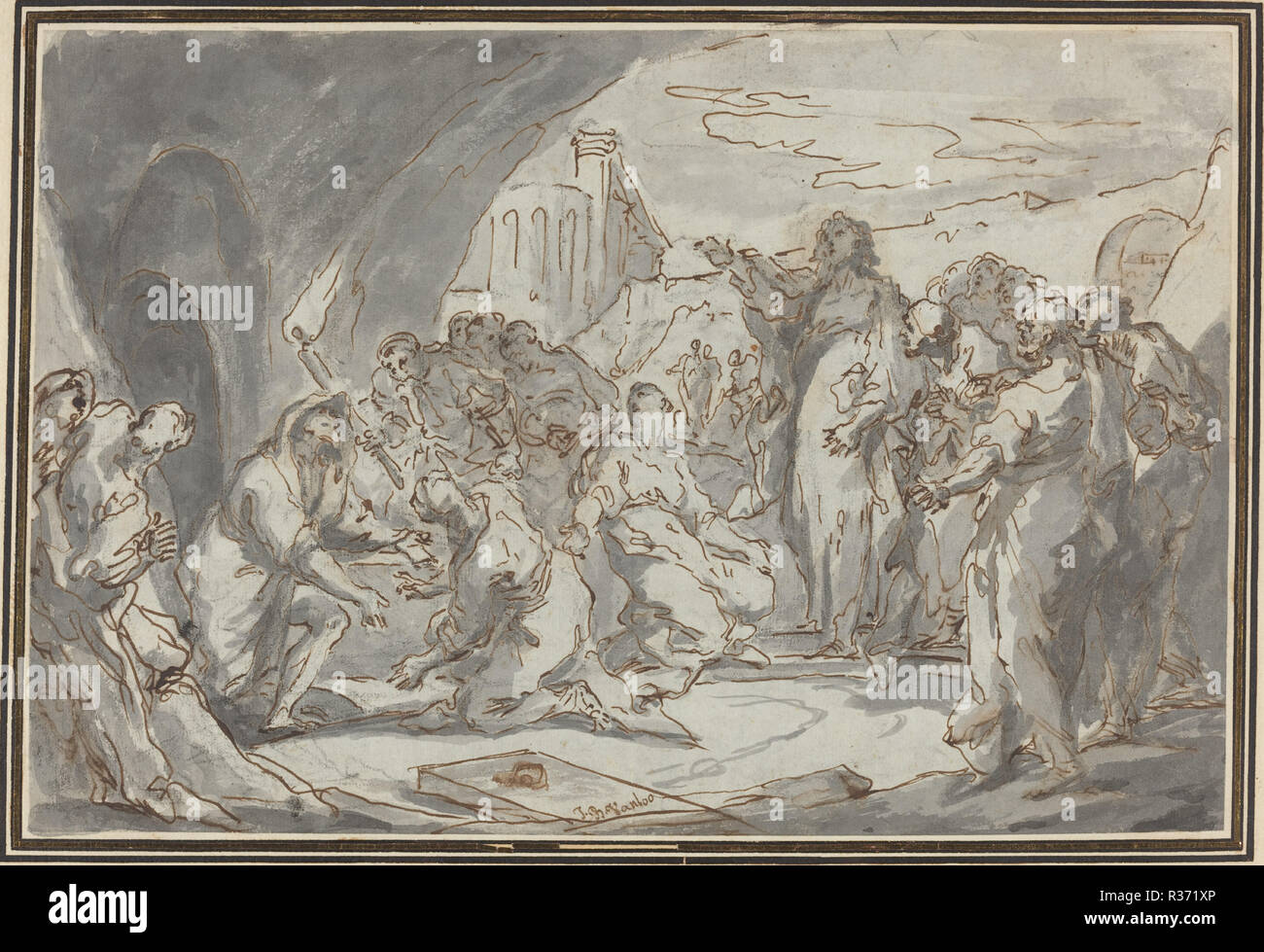 Die Auferweckung des Lazarus. Maße: gesamt: 21,7 x 32,4 cm (8 9/16 x 12 3/4 in.). Medium: Stift und Tinte braun mit grauen waschen über schwarze Kreide auf Bütten. Museum: Nationalgalerie, Washington DC. Thema: Jean-Baptiste Van Loo. Stockfoto