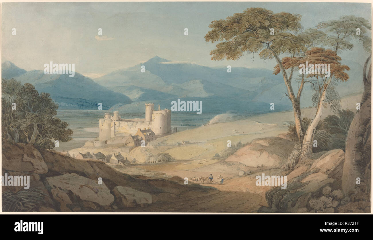 Harlech Castle und Snowdon. Vom: C. 1805. Maße: Gesamt: 28,8 x 50,7 cm (11 5/16 x 19 15/16 in.) mat: 55,9 x 71,1 cm (22 x 28 in.). Medium: Aquarell über Graphit mit Schwämmen auf Webte Papier. Museum: Nationalgalerie, Washington DC. Autor: John Varley. Stockfoto