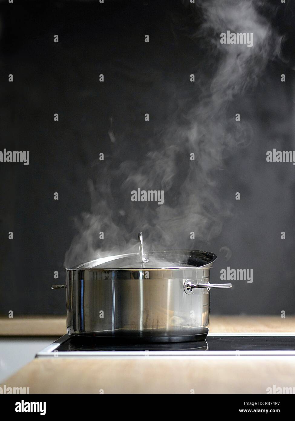 Das Abendessen wird in einem Edelstahl Topf auf dem Herd gekocht Stockfoto