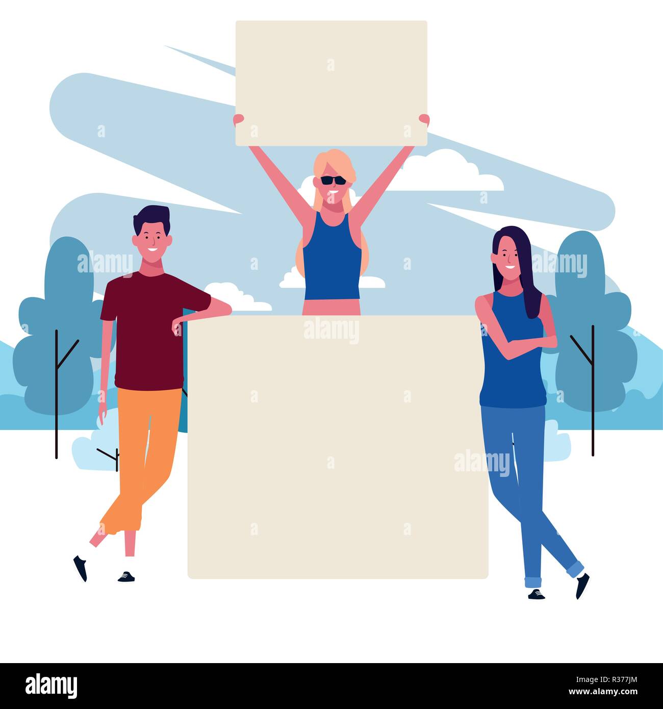 Menschen mit Poster Gruppe mit parkscape in brushprint Vector Illustration graphic design Stock Vektor