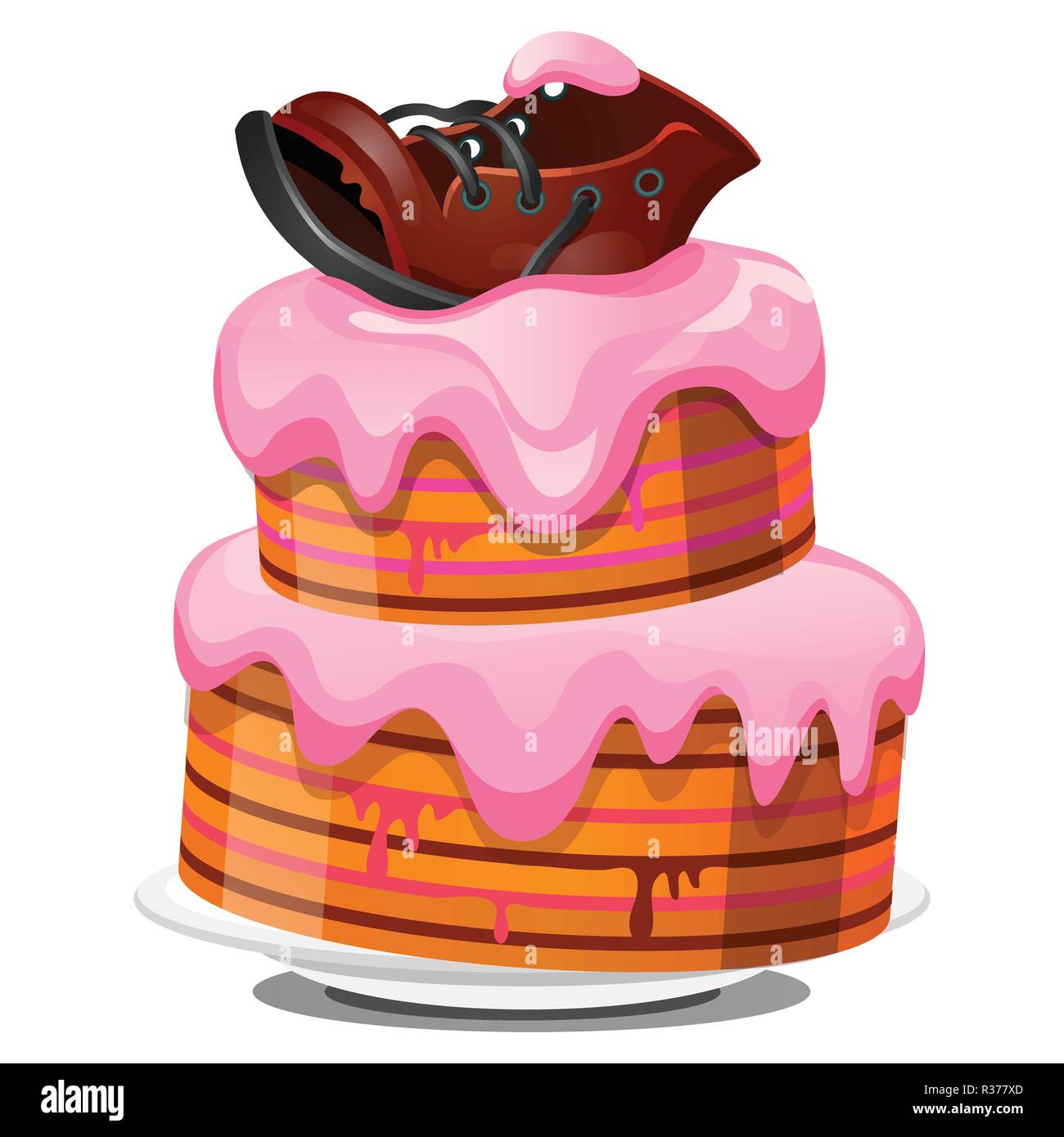 Festliches 2-in-1-Keks Kuchen mit Sahne, zerlumpte alte Leder Stiefel auf weißem Hintergrund. Skizze für Grußkarten, festliche Poster, Party Einladung. Vektor cartoon Close-up Abbildung. Stock Vektor