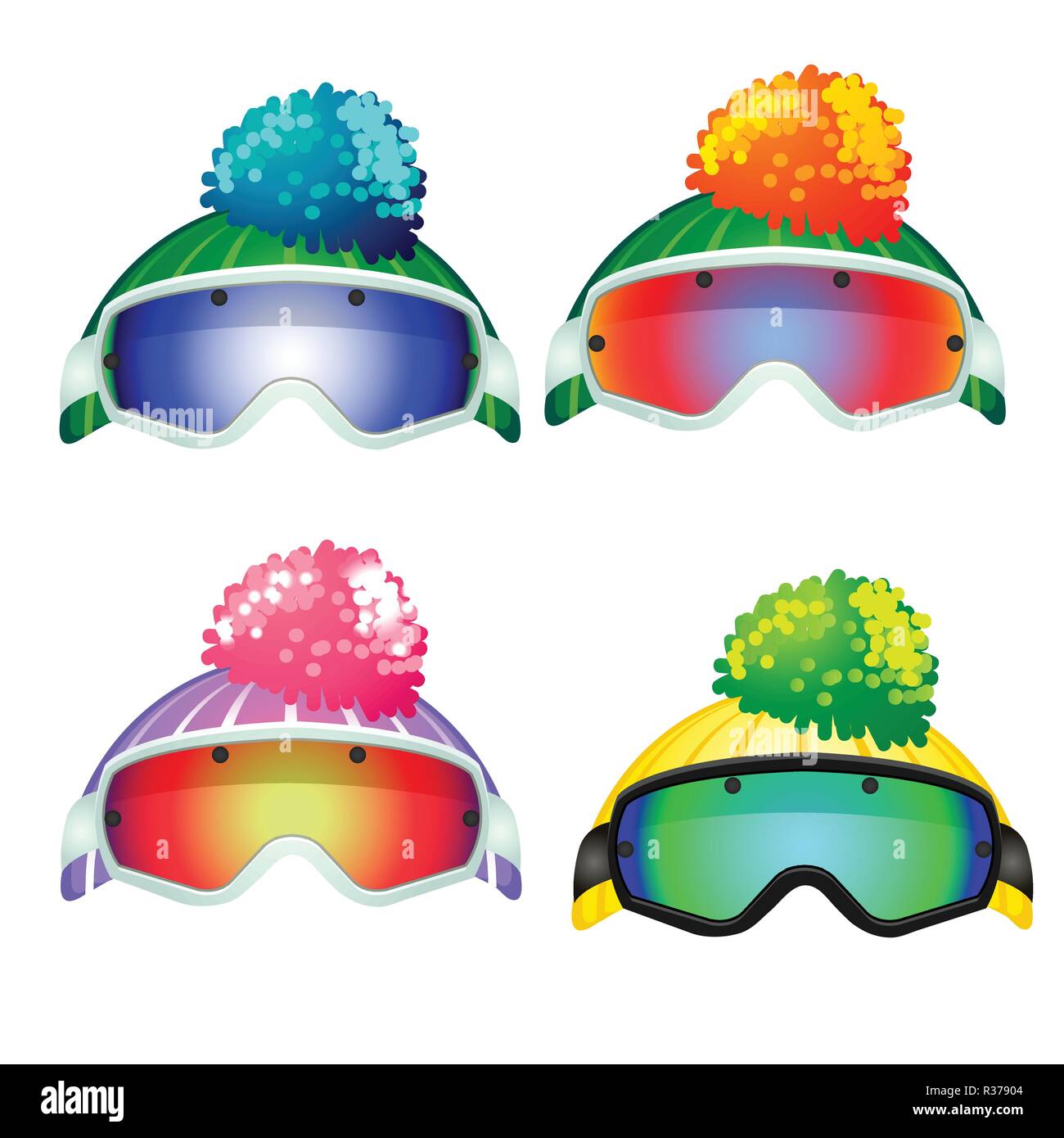 Satz farbiger Schutzbrille des Skifahrers und die gestrickten Mützen mit pompon auf weißem Hintergrund. Vektor cartoon Close-up Abbildung. Stock Vektor