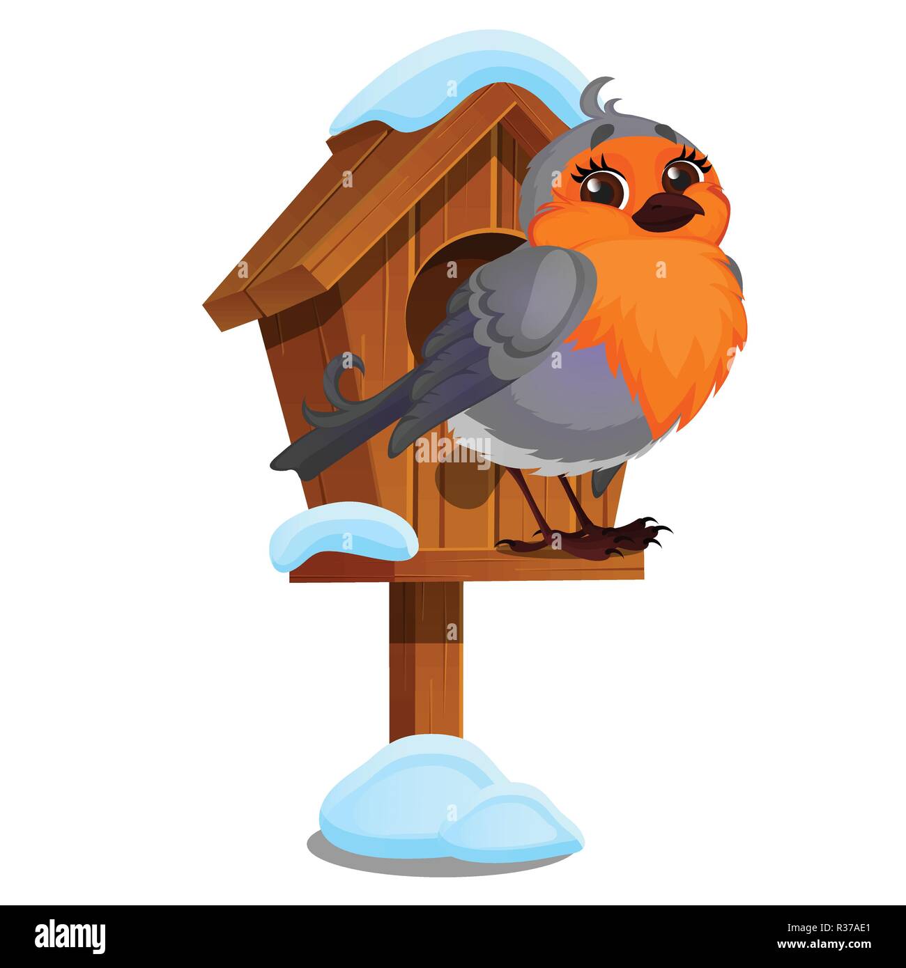 Süße Vogel sitzt in einem hölzernen Vogelhaus auf einem weißen Hintergrund.  Winter Häuser sind für Wildtiere geschaffen. Vektor cartoon Close-up  Abbildung Stock-Vektorgrafik - Alamy