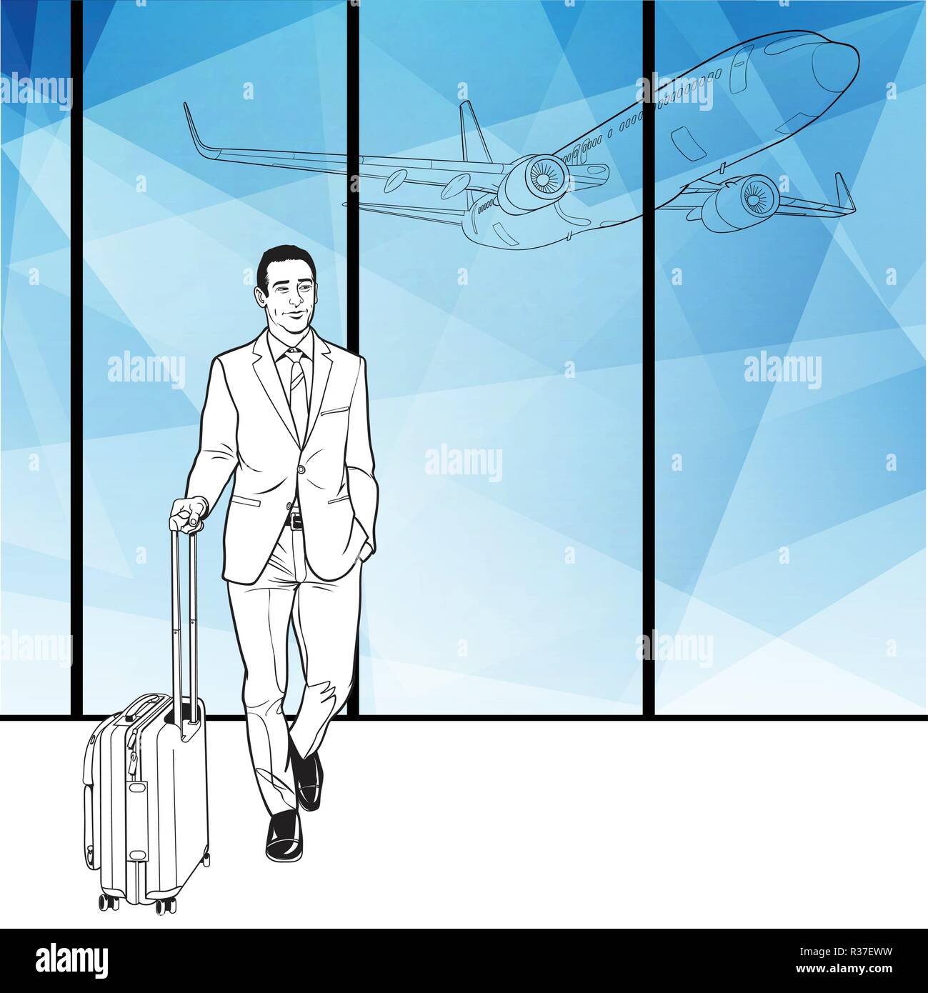 Business mit Gepäck am Flughafen. Line Art Illustration. Stock Vektor