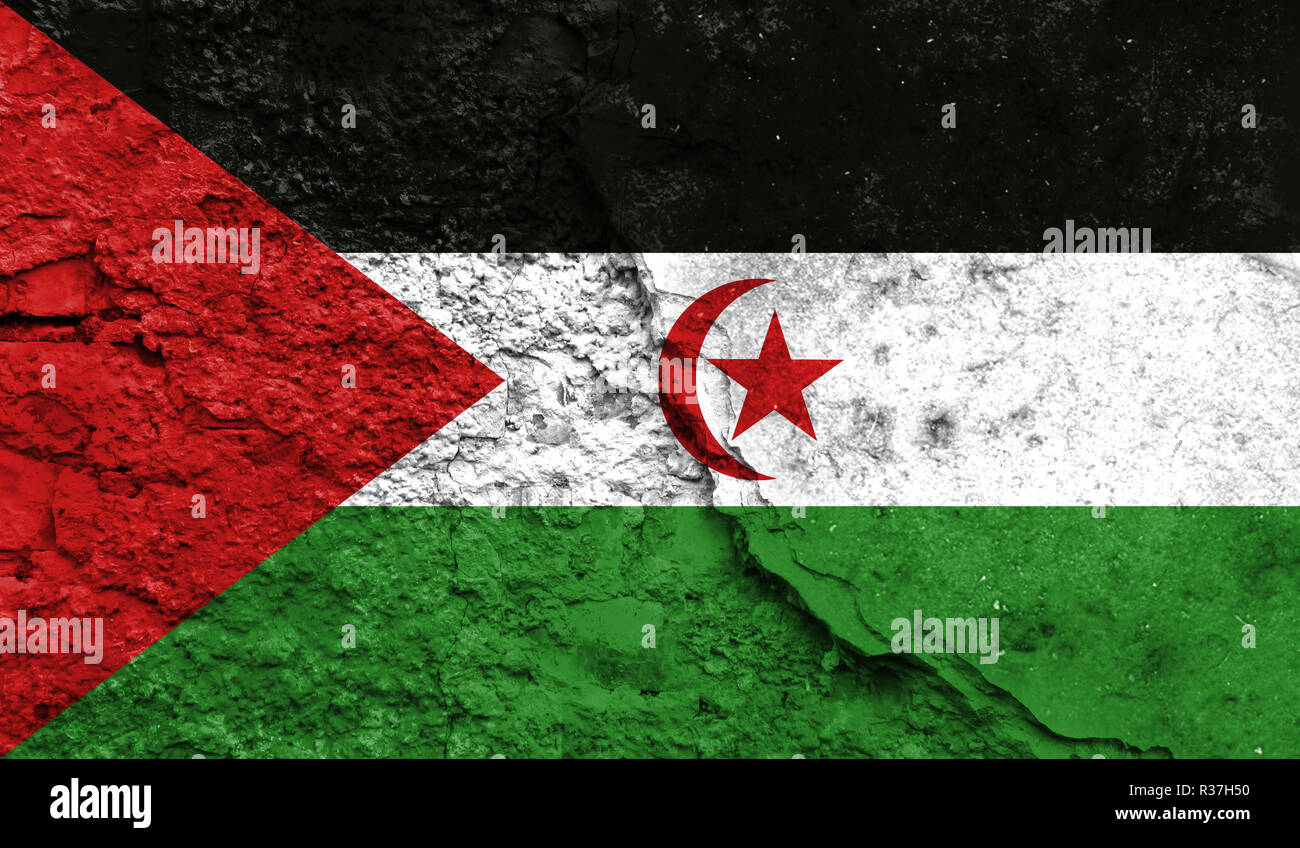 Flagge der Westsahara in der Nähe auf einen Riss in der Wand, Konzept der bewaffneten Aktionen und Konflikte in der Welt lackiert Stockfoto