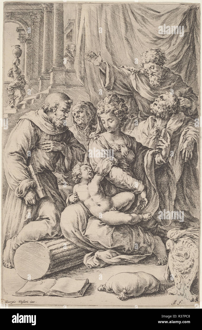Heilige Familie mit Heiligen. Maße: Blatt: 22,5 x 14,8 cm (8 7/8 x 5 13/16 in.) [auf Plattenkante geschnitten]. Medium: Radierung. Museum: Nationalgalerie, Washington DC. Autor: Jan De Bisschop, nach Giorgio Vasari. Stockfoto