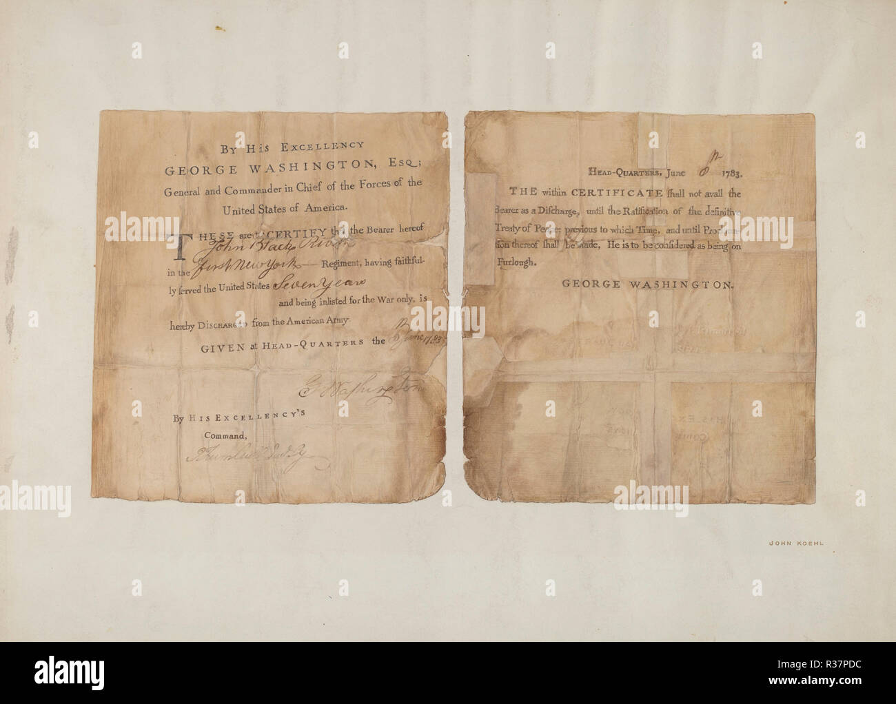 Zertifikat (Armee). Stand: 1935/1942. Maße: gesamt: 40,8 x 54,4 cm (16 1/8 x 21 5/6 in.) Original IAD Objekt: 7 3/4' hoch; 8 3/4" breit. Medium: Aquarell und Graphit auf Papier. Museum: Nationalgalerie, Washington DC. Autor: John koehl. Stockfoto