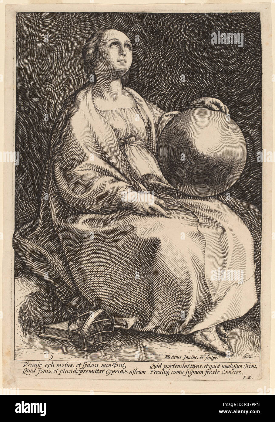 Urania. Vom: Vermutlich 1592. Abmessungen: Platte: 24,7 x 16,8 cm (9 3/4 x 6 5/8 in.) Blatt: 25,8 x 18 cm (10 1/4 x 7 1/16 in.). Medium: Gravur. Museum: Nationalgalerie, Washington DC. Autor: Hendrik Goltzius. Stockfoto