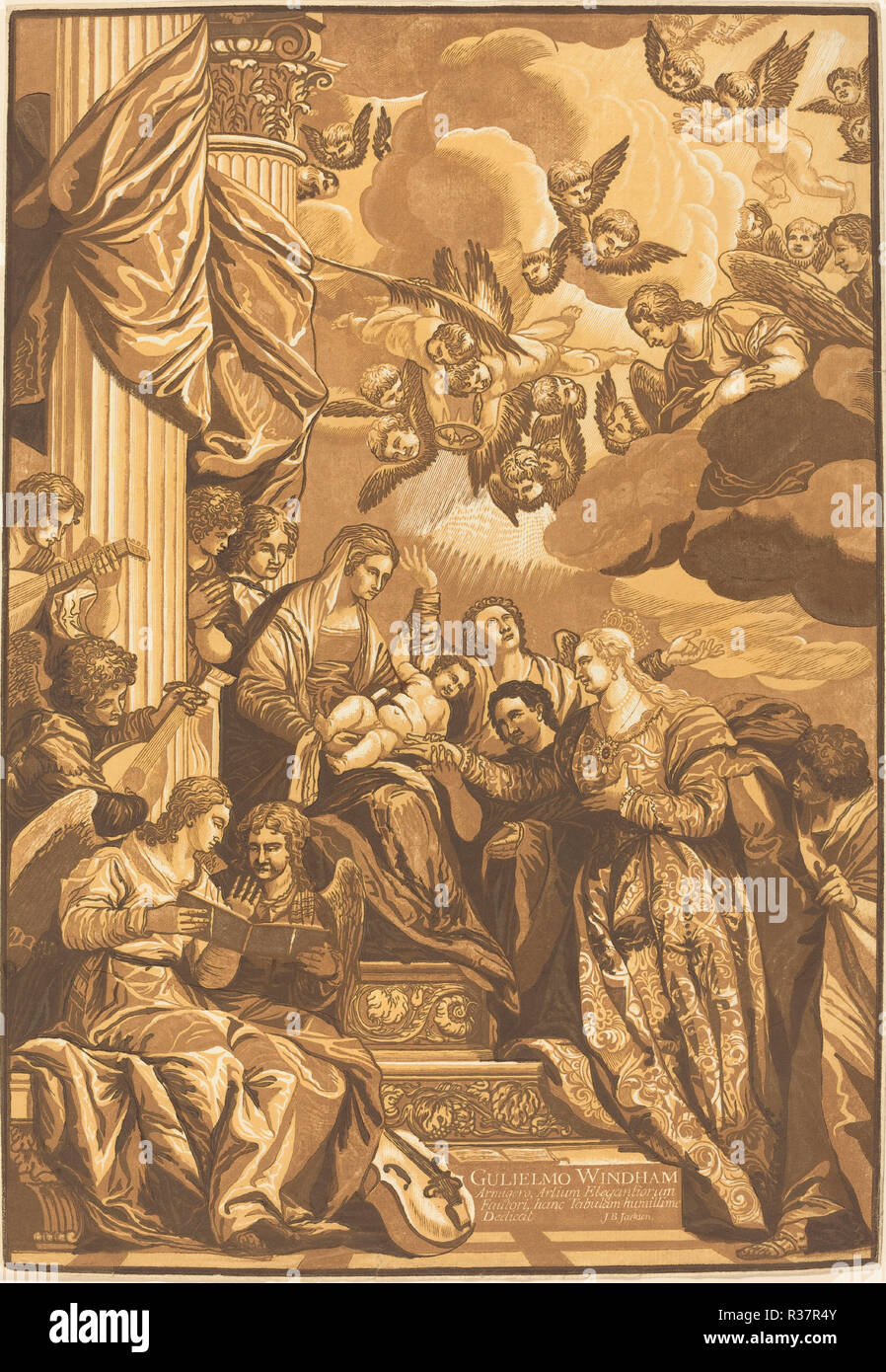 Die mystische Vermählung der Heiligen Katharina. Stand: 1740. Medium: chiaroscuro Holzschnitt in Braun [trial Beweis?]. Museum: Nationalgalerie, Washington DC. Autor: John Baptist Jackson nach Veronese. Stockfoto