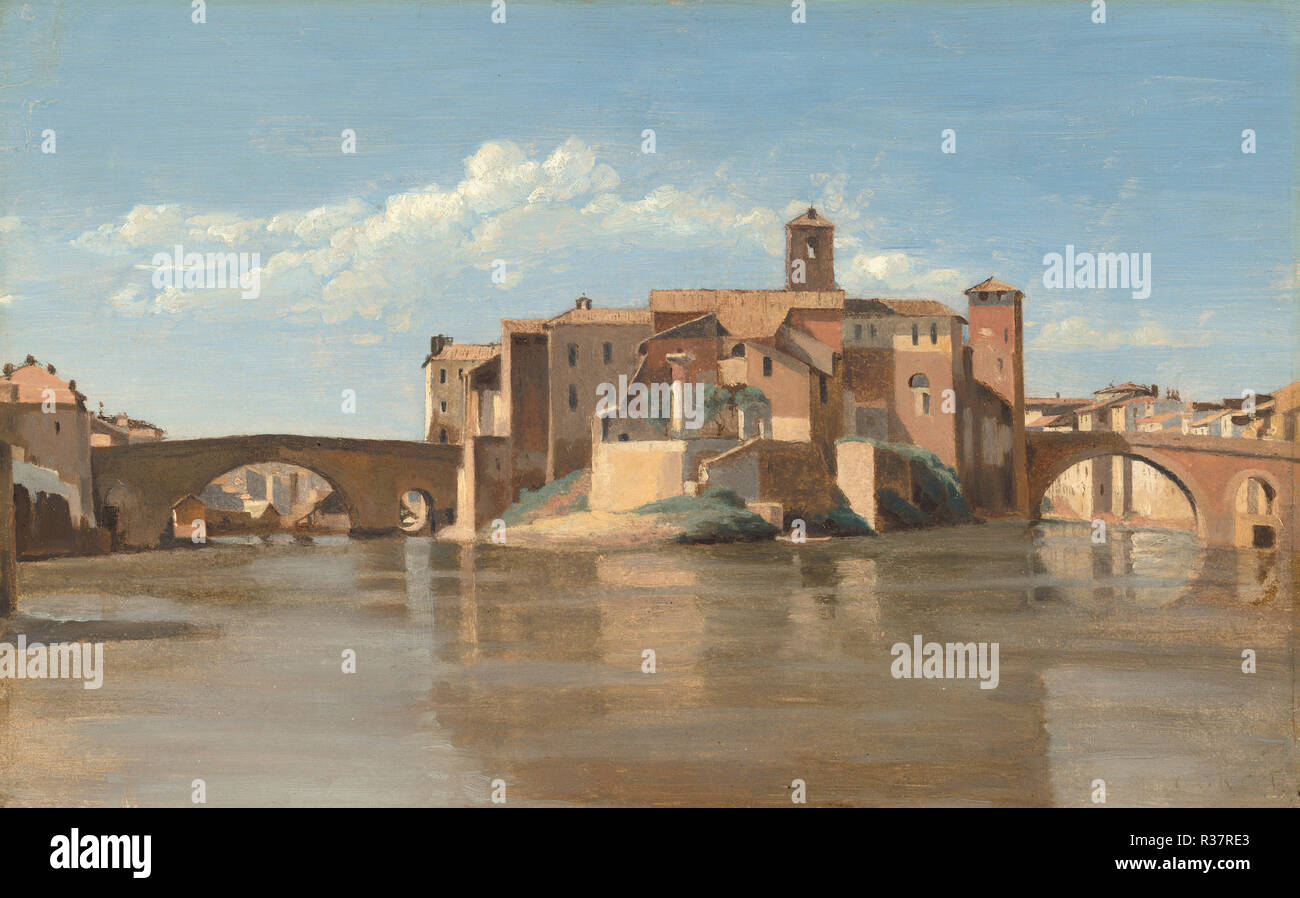 Die Insel und die Brücke von San Bartolomeo in Rom. Stand: 1825/1828. Abmessungen: insgesamt: 27 x 43,2 cm (10 5/8 x 17 in.) gerahmt: 50,8 x 66,4 x 7,6 cm (20 x 26 1/8 x 3 in.). Medium: Öl auf Papier auf Leinwand. Museum: Nationalgalerie, Washington DC. Autor: Corot, Jean-Baptiste-Camille. Camille Corot. Stockfoto