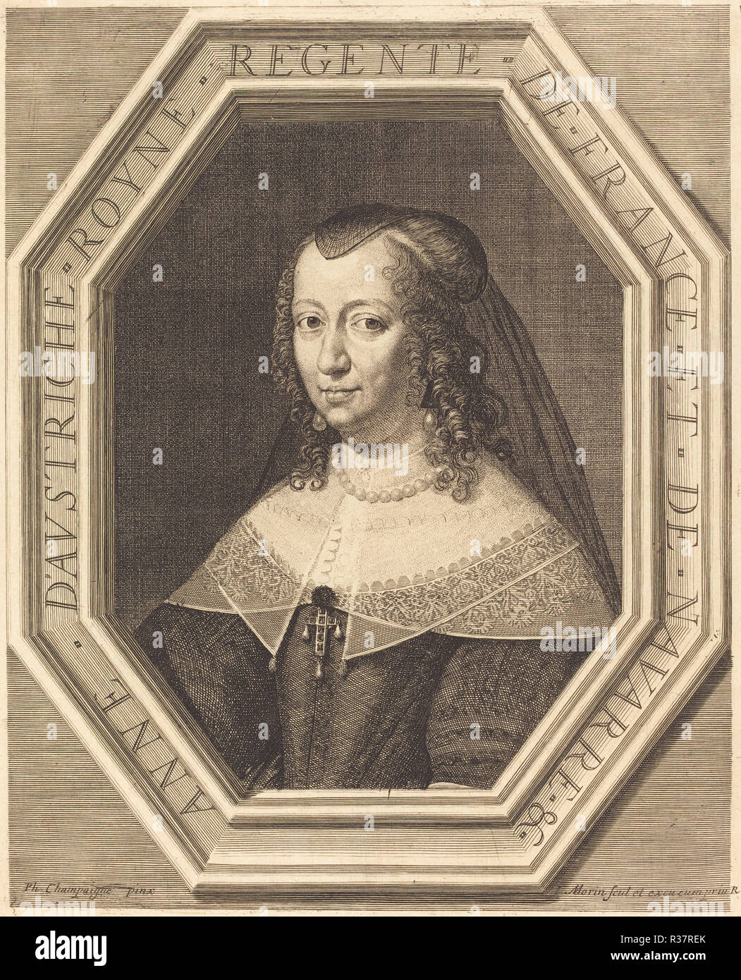 Anna von Österreich. Abmessungen: Platte: 29,9 x 24,8 cm (11 3/4 x 9 3/4 in.) Blatt: 31,8 x 26,2 cm (12 1/2 x 10 5/16 in.). Medium: Radierung, Gravieren, und Stupfen auf Bütten. Museum: Nationalgalerie, Washington DC. Autor: Jean Morin nach Philippe de Champaigne. Stockfoto