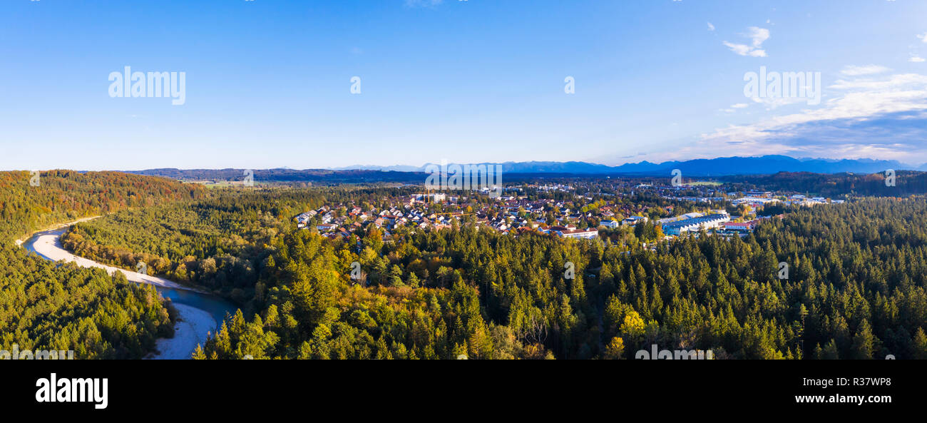 Isar, Naturschutzgebiet Isarauen, Geretsried, Ausläufer der Alpen, Drone, Oberbayern, Bayern, Deutschland Stockfoto