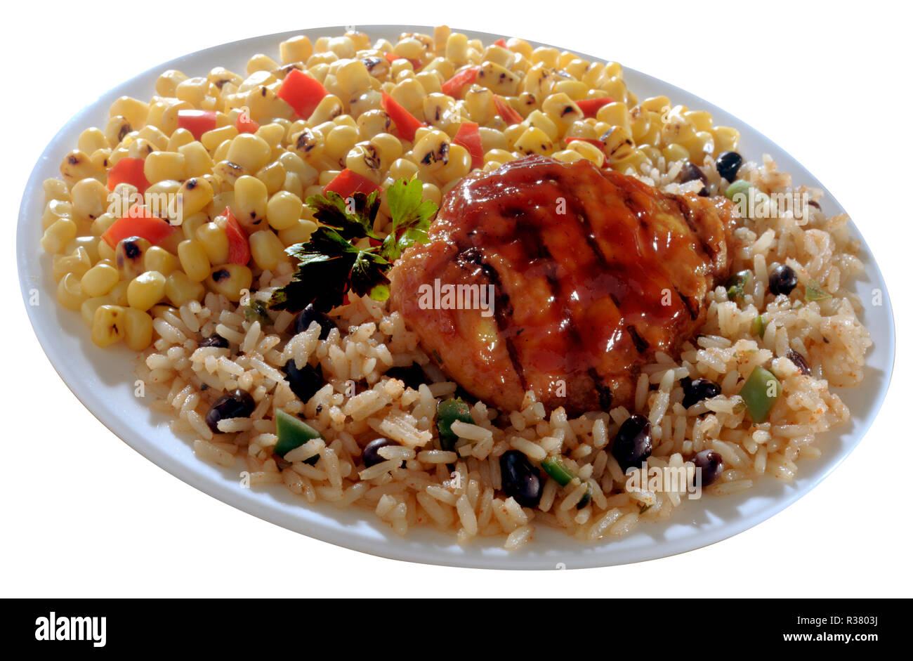 BBQ Chicken mit Reis und Mais Stockfoto