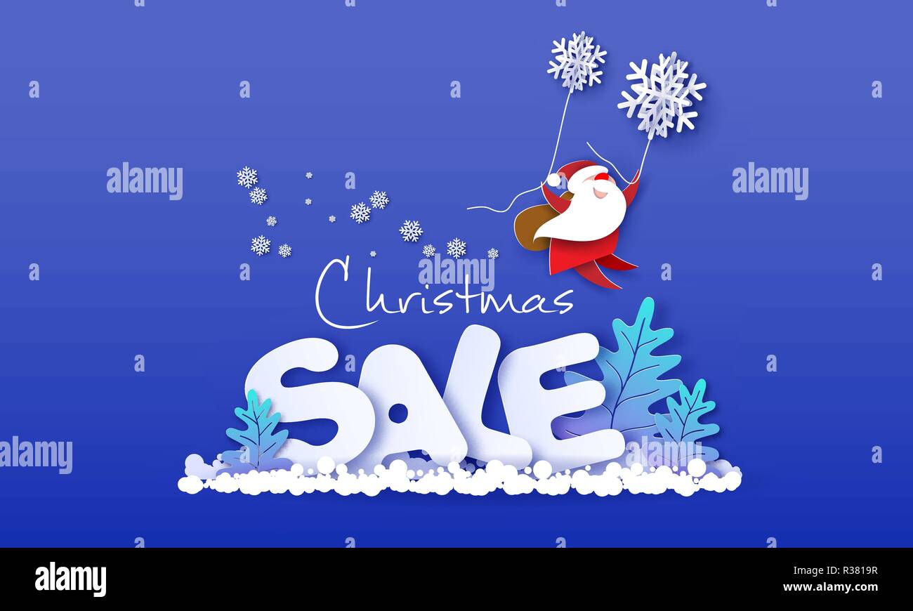 Weihnachten Werbung Design. Santa Claus fliegen mit Schneeflocken über große Buchstaben Verkauf auf Blau. Vektor Papier geschnitten Art Illustration für Promotion Banner, Header, Plakate, Aufkleber und Etiketten Stock Vektor