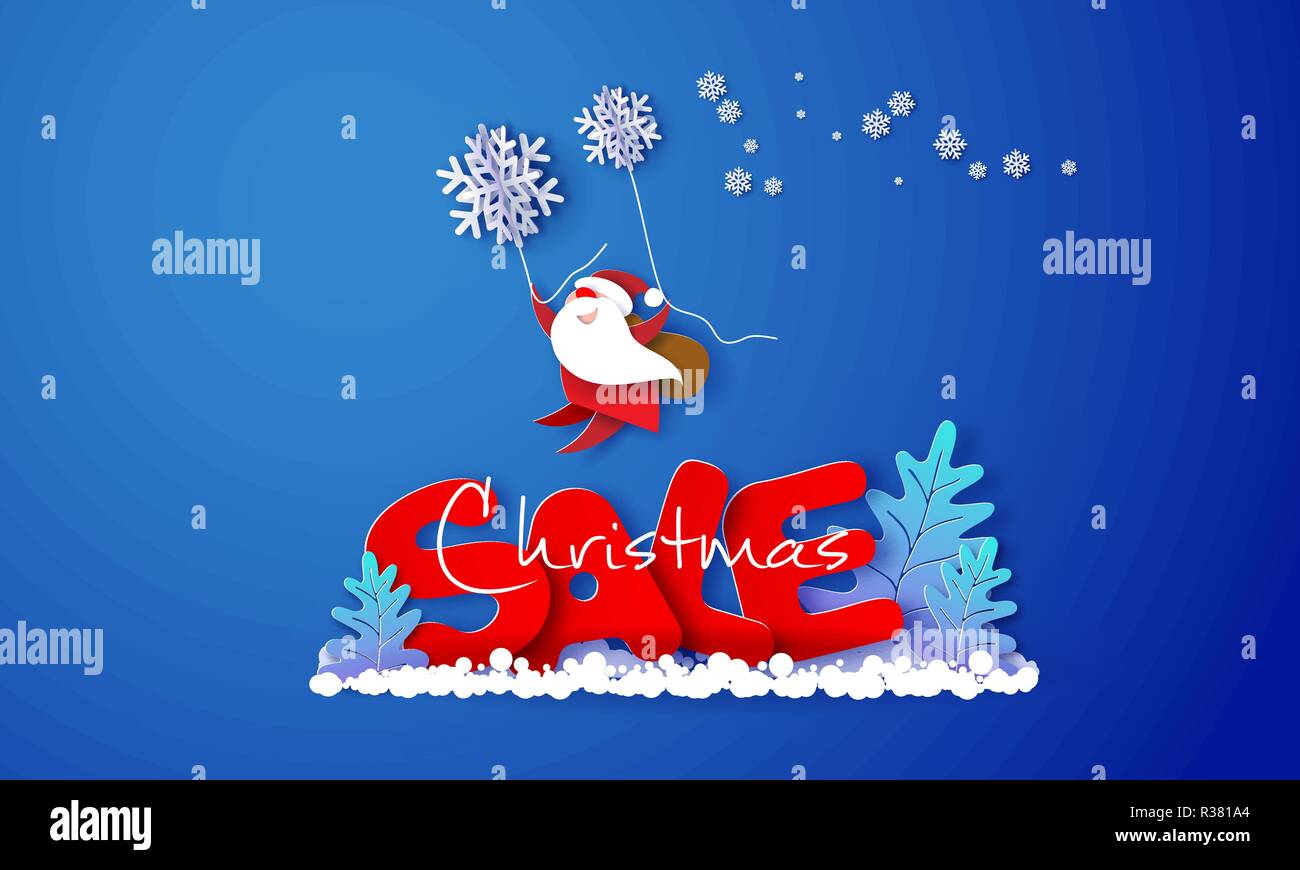 Weihnachten Werbung Design. Santa Claus fliegen mit Schneeflocken über große Buchstaben Verkauf auf Blau. Vektor Papier geschnitten Art Illustration für Promotion Banner, Header, Plakate, Aufkleber und Etiketten Stock Vektor