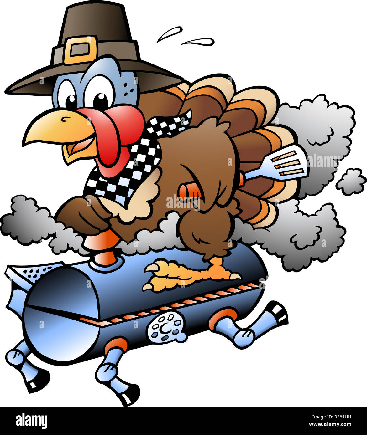 Cartoon Vector Illustration eines Thanksgiving Truthahn reiten ein BBQ Grill Zylinder Stockfoto