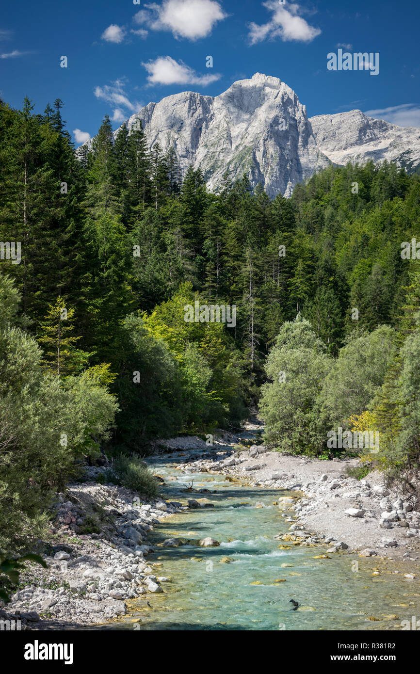 Blick auf Emerald oder türkisfarbene Fluss und Berg Triglav in Slowenien Stockfoto
