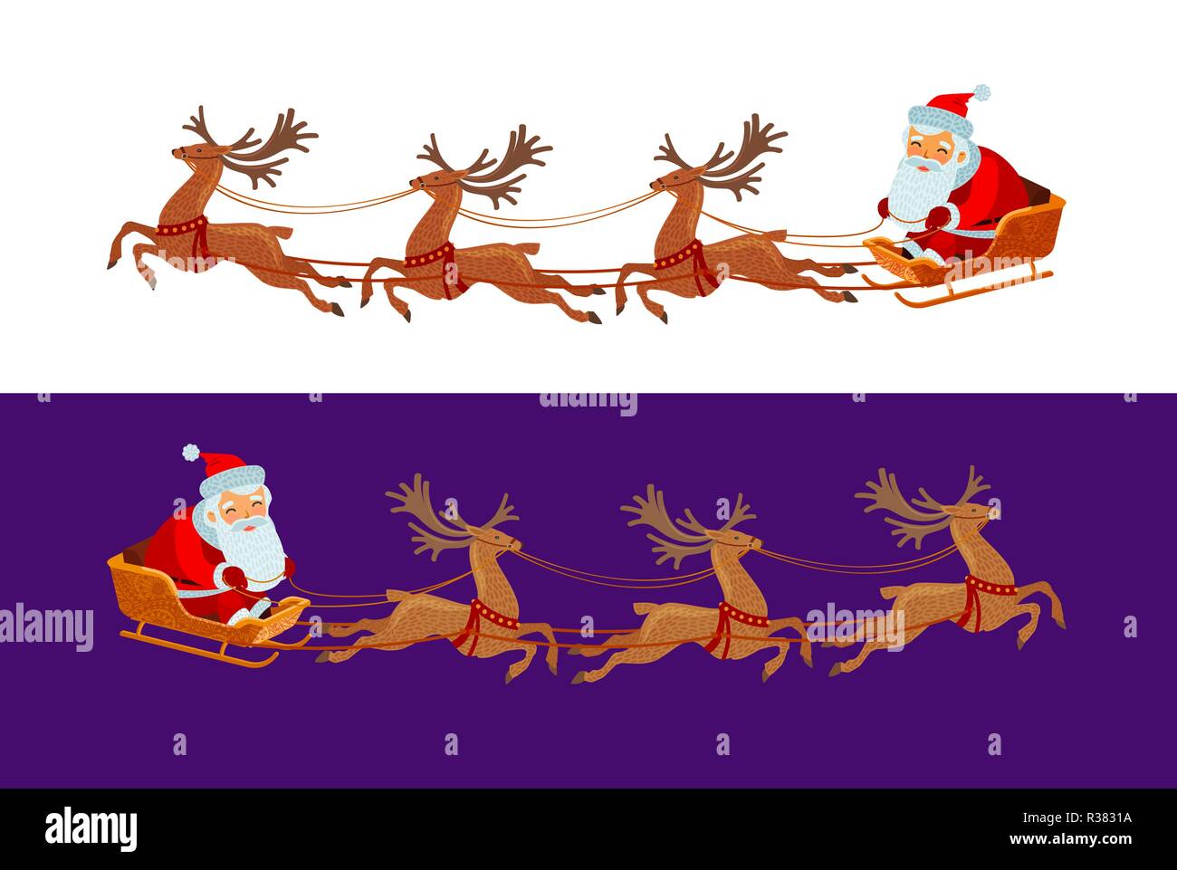 Funny Santa Claus ist Reiten in einem Pferdeschlitten. Weihnachten Konzept. Cartoon Vector Illustration Stock Vektor