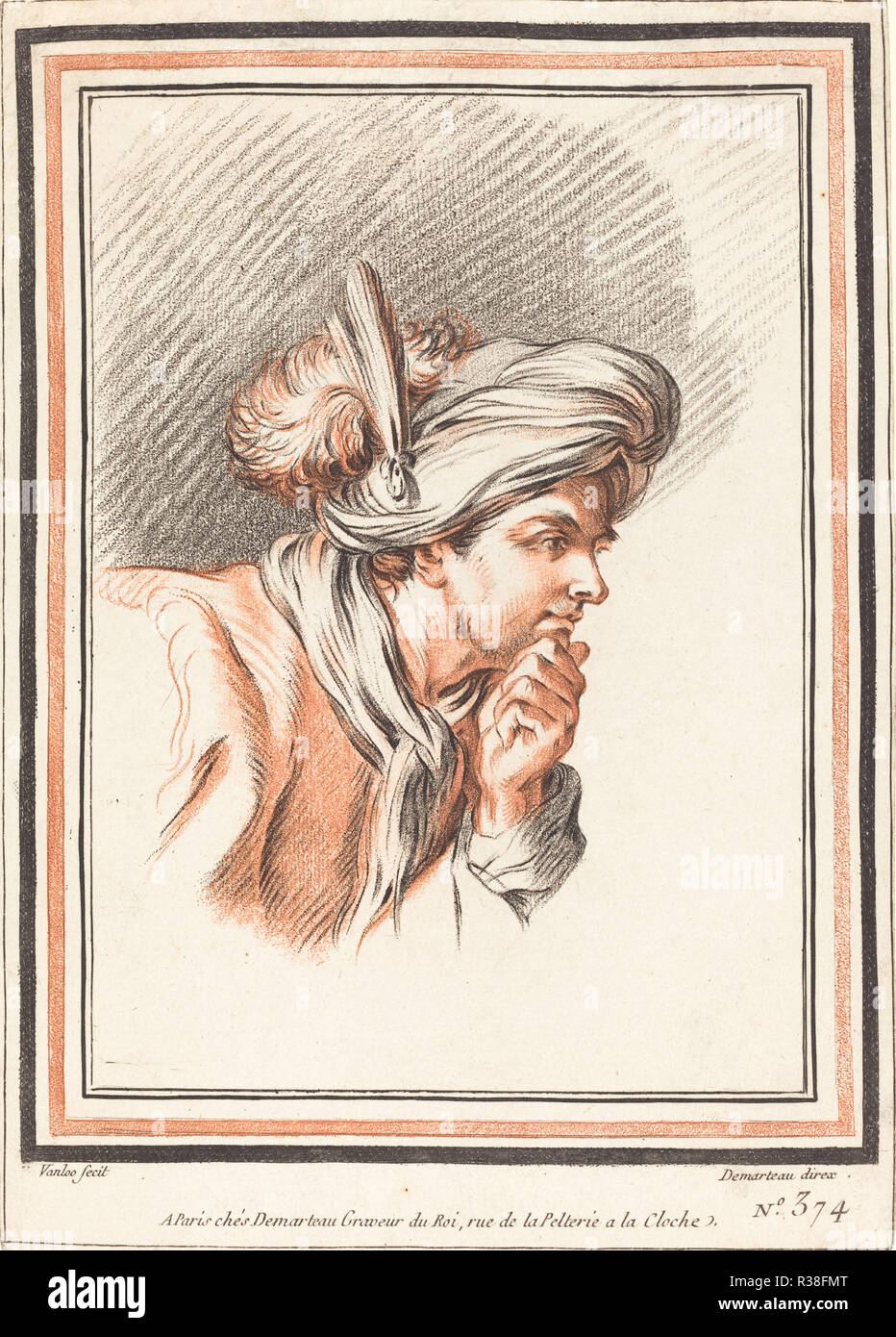 Kopf von einem Mann mit einem gefiederten Turban. Stand: 1772. Abmessungen: Insgesamt (5 framing Linie): 23,4 x 16,7 cm (9 3/16 x 6 9/16 in.) Bild: 18,6 x 13,3 cm (7 5/16 x 5 1/4 in.). Medium: Chalk - Art und Weise, in roten und schwarzen Tinten. Museum: Nationalgalerie, Washington DC. Thema: Atelier von Gilles Demarteau der Ältere nach Carle Van Loo. Stockfoto