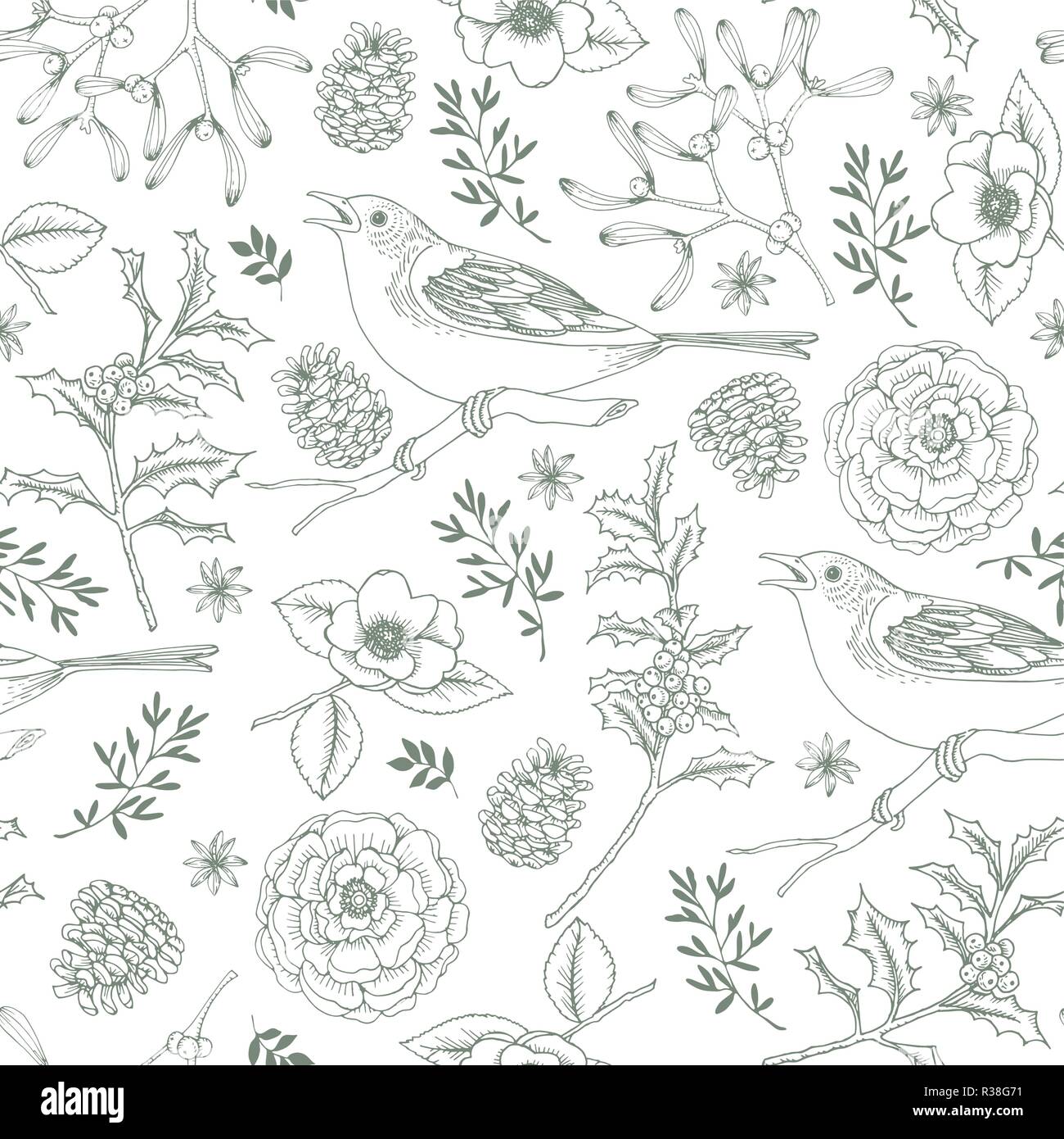 Elegante Hand gezeichnet Weihnachten nahtlose Muster mit Vögeln, Stechpalme Beeren, Mistel, Rosen und Tannenzapfen. Winter vintage Gravur Design. Vector Illustration Hintergrund. Stock Vektor