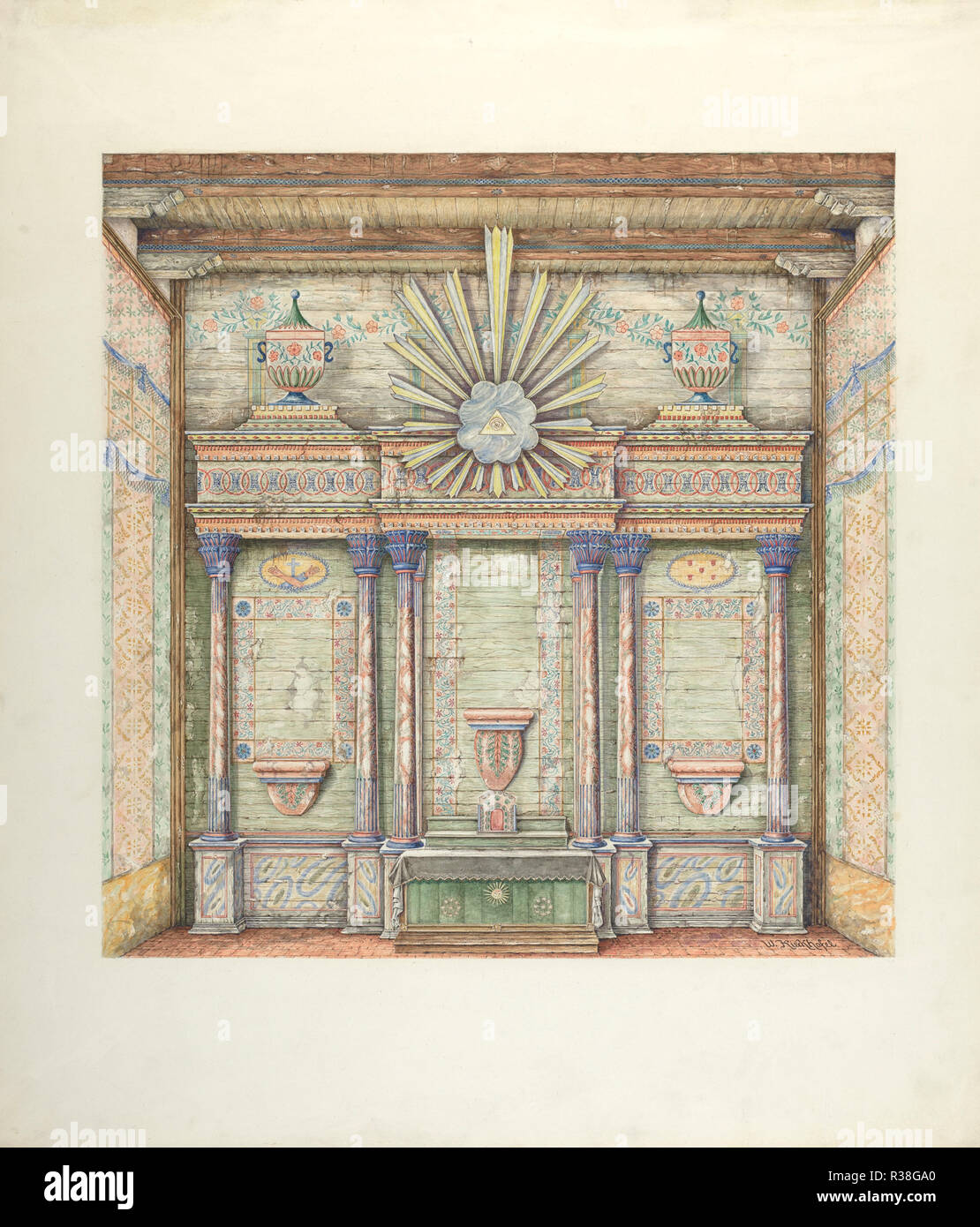 Dekorationen auf Retabel und Heiligtum Wände. Stand: 1940. Maße: gesamt: 62,8 x 54,4 cm (24 3/4 x 21 5/6 in.) Original IAD Objekt: Retabel ca. 45' x 40' breit.. Medium: Aquarell, Buntstift, und Graphit auf Pappe. Museum: Nationalgalerie, Washington DC. Autor: William Kieckhofel. Stockfoto