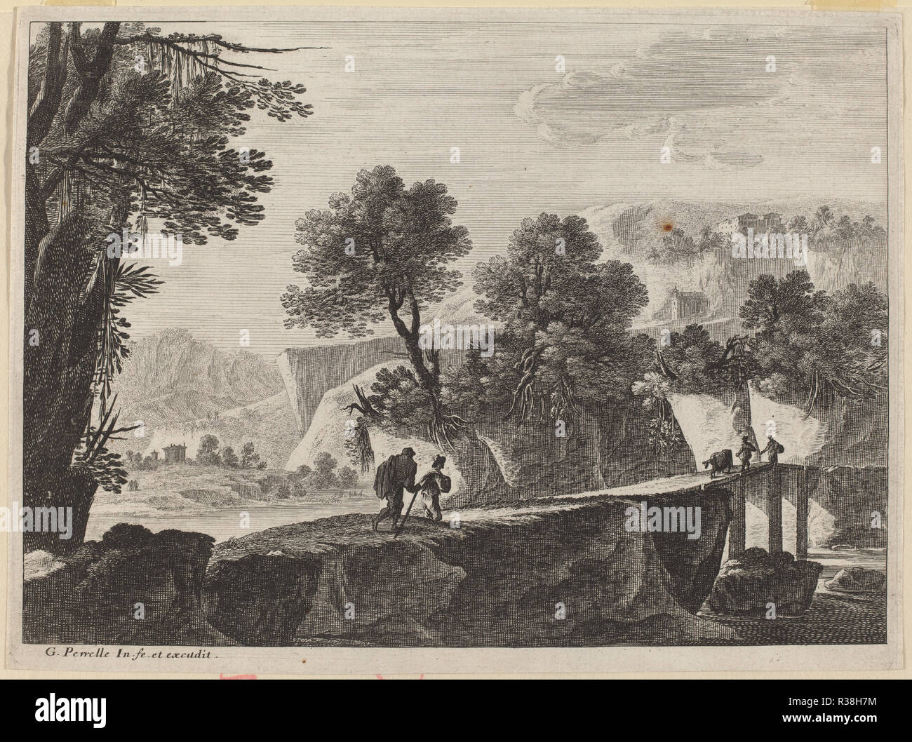 Reisende Annäherung an eine Brücke. Medium: Radierung auf Bütten. Museum: Nationalgalerie, Washington DC. Autor: Gabriel Perelle. Stockfoto