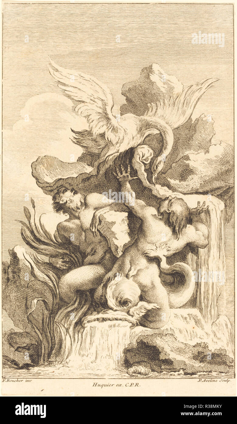 Zwei Tritonen und ein Schwan. Vom: in oder nach 1736. Maße: Blatt: 25,4 x 15,2 cm (10 x 6 in.). Medium: Radierung. Museum: Nationalgalerie, Washington DC. Autor: Pierre-Alexandre Aveline nach François Boucher. Stockfoto