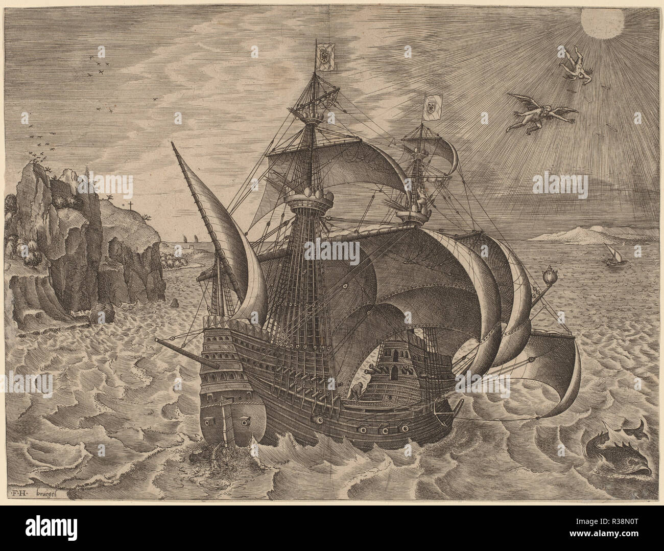 Bewaffnet mit Three-Master Dädalus und Ikarus in den Himmel. Stand: 1565. Medium: Gravur. Museum: Nationalgalerie, Washington DC. Autor: Frans Huys nach Pieter Brueghel der Ältere. Stockfoto