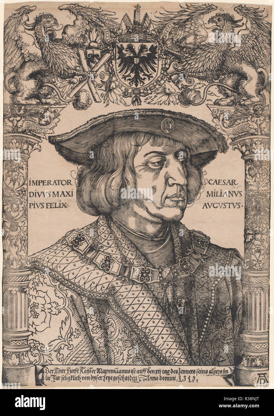 Kaiser Maximilian I. datiert: 1519. Maße: Blatt: 54,7 x 38,1 cm (21 9/16 x 15 in.). Medium: Holzschnitt auf Bütten. Museum: Nationalgalerie, Washington DC. Autor: Hans Weiditz, II, nach Albrecht Dürer. Dürer, Albrecht. Stockfoto