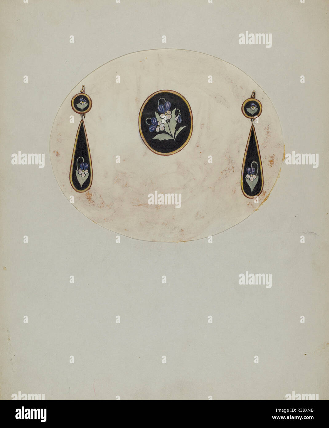 Brosche und Ohrringe. Vom: C. 1936. Maße: gesamt: 28,3 x 23,2 cm (11 1/8 x 9 1/8 in.). Medium: Aquarell und Feder und Tusche auf Karton. Museum: Nationalgalerie, Washington DC. Autor: G. A. Ayers. Stockfoto