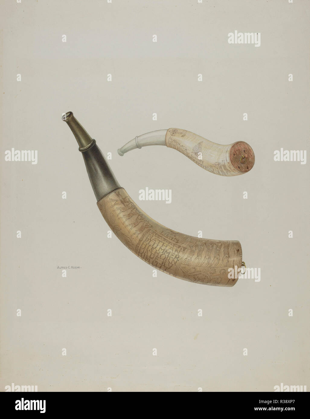 Pulver Horn. Stand: 1935/1942. Maße: gesamt: 51,3 x 40,9 cm (20 1/4 x 16 1/8 in.) Original IAD Objekt: 16' lang. Medium: Aquarell und Graphit auf Pappe. Museum: Nationalgalerie, Washington DC. Autor: Alfred Koehn. Stockfoto