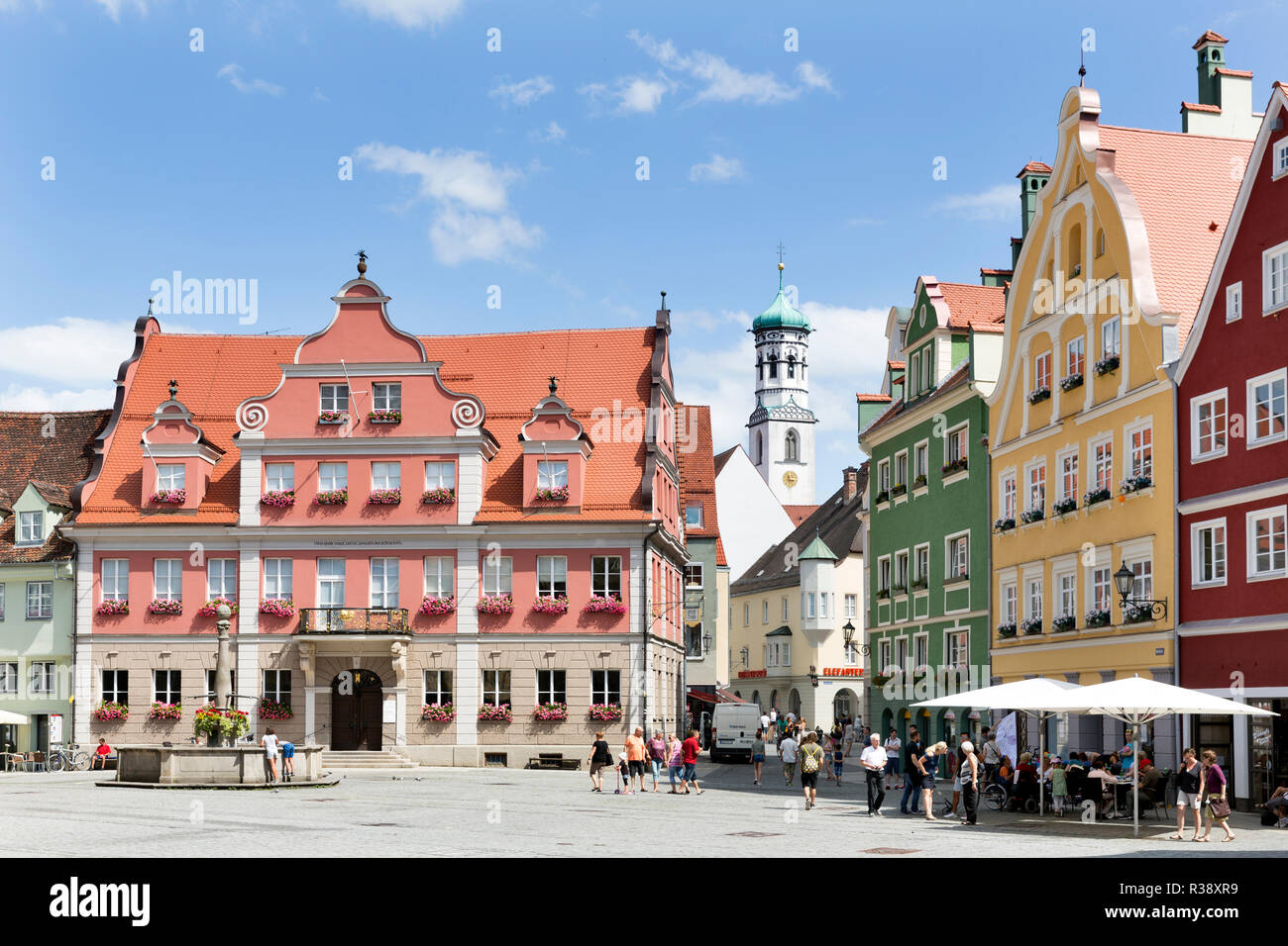 Haus der Großen Gilde und historischen Stadt Häuser am Markt, Memmingen, Schwaben, Bayern, Deutschland Stockfoto