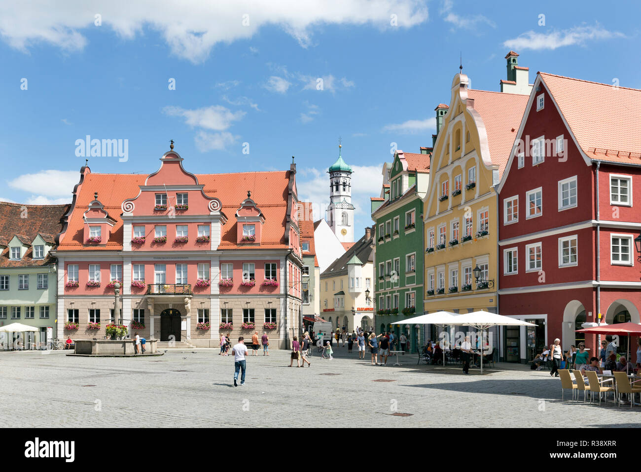 Haus der Großen Gilde und historischen Stadt Häuser am Markt, Memmingen, Schwaben, Bayern, Deutschland Stockfoto