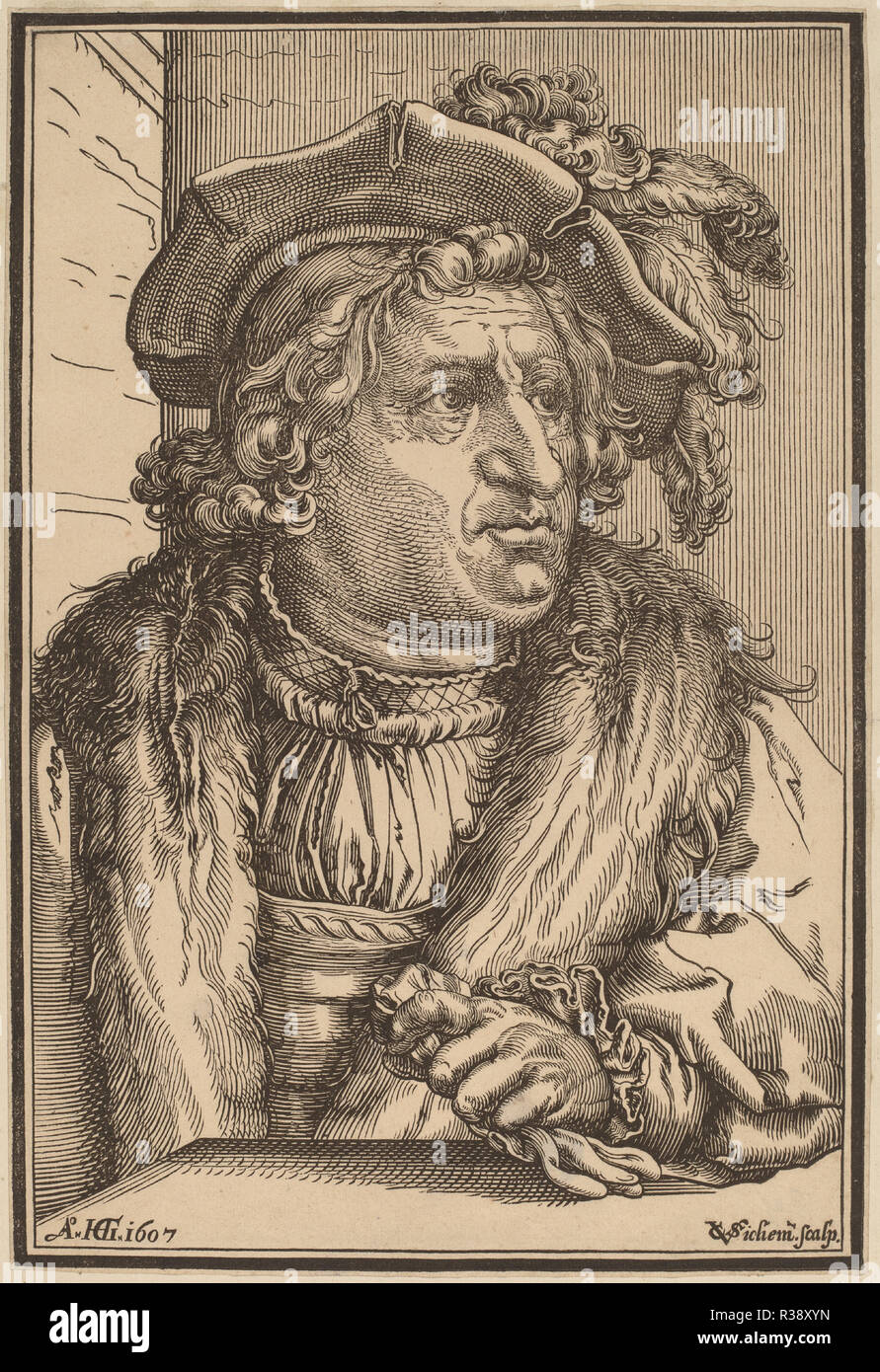 Der Mann mit der gefiederten Cap. Vom: nach 1607. Medium: Holzschnitt. Museum: Nationalgalerie, Washington DC. Autor: Christoffel van Sichem ich nach Hendrik Goltzius. Stockfoto