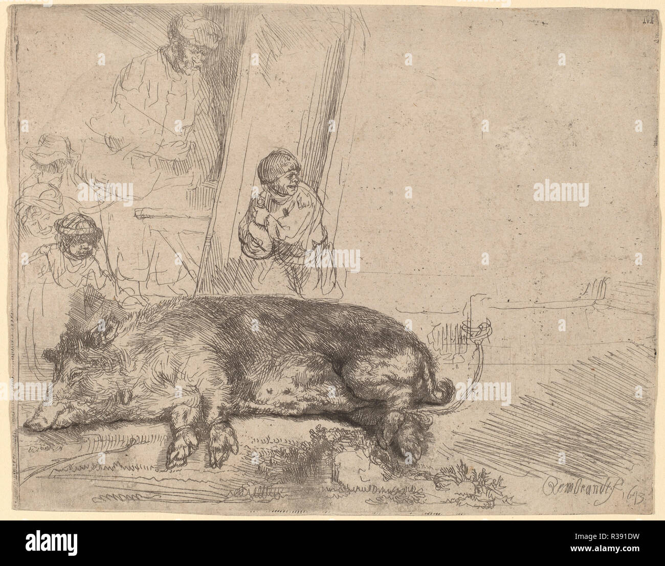 Die Hog. Stand: 1643. Abmessungen: Blatt (an der Platte mark getrimmt): 14,3 x 18,1 cm (5 5/8 x 7 1/8 in.). Medium: Radierung und Kaltnadel. Museum: Nationalgalerie, Washington DC. Thema: Rembrandt, HARMENSZOON VAN RIJN. Stockfoto