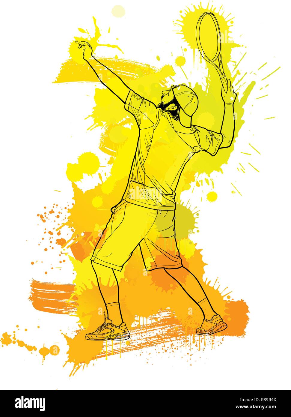 Tennis Spieler mit einem Schläger. Line Art Illustration in spritzte Lacke. Stock Vektor