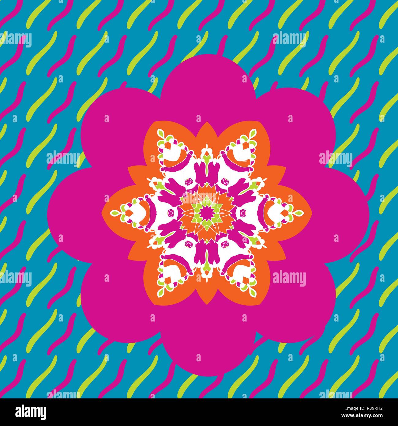 Rosa kindliche Design von symmetrischen Blume auf bunte Striche Hintergrund Stock Vektor
