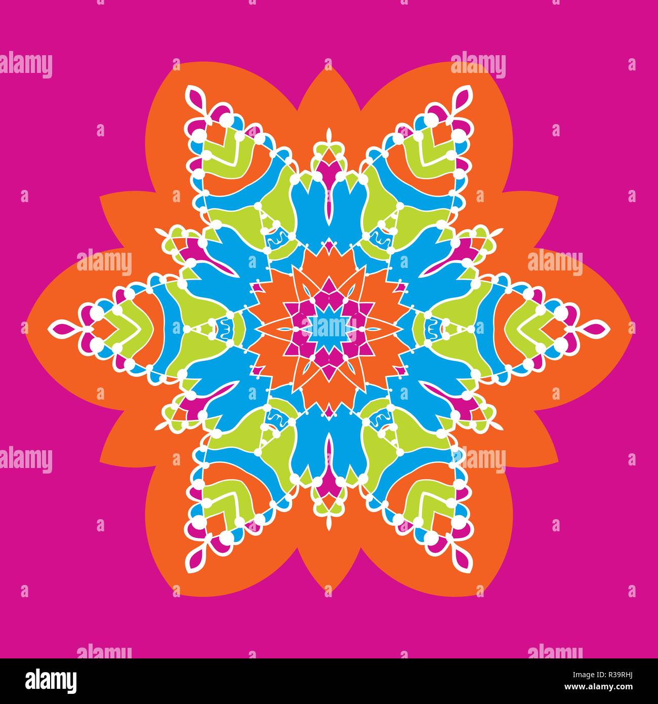 Kaleidoskop kindisch Neon farbe Mandala - Stern auf violette Hintergrund Stock Vektor