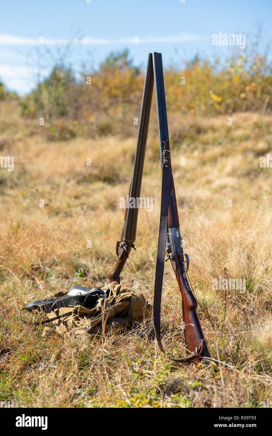 Zwei Jagd Doppelflinte stehen Seite an Seite in der Mitte der Natur, retro Gewehr. Natürliche Landschaft. Konzept der Jagd, Outdoor Sport, Hobby und Lifestyle Stockfoto