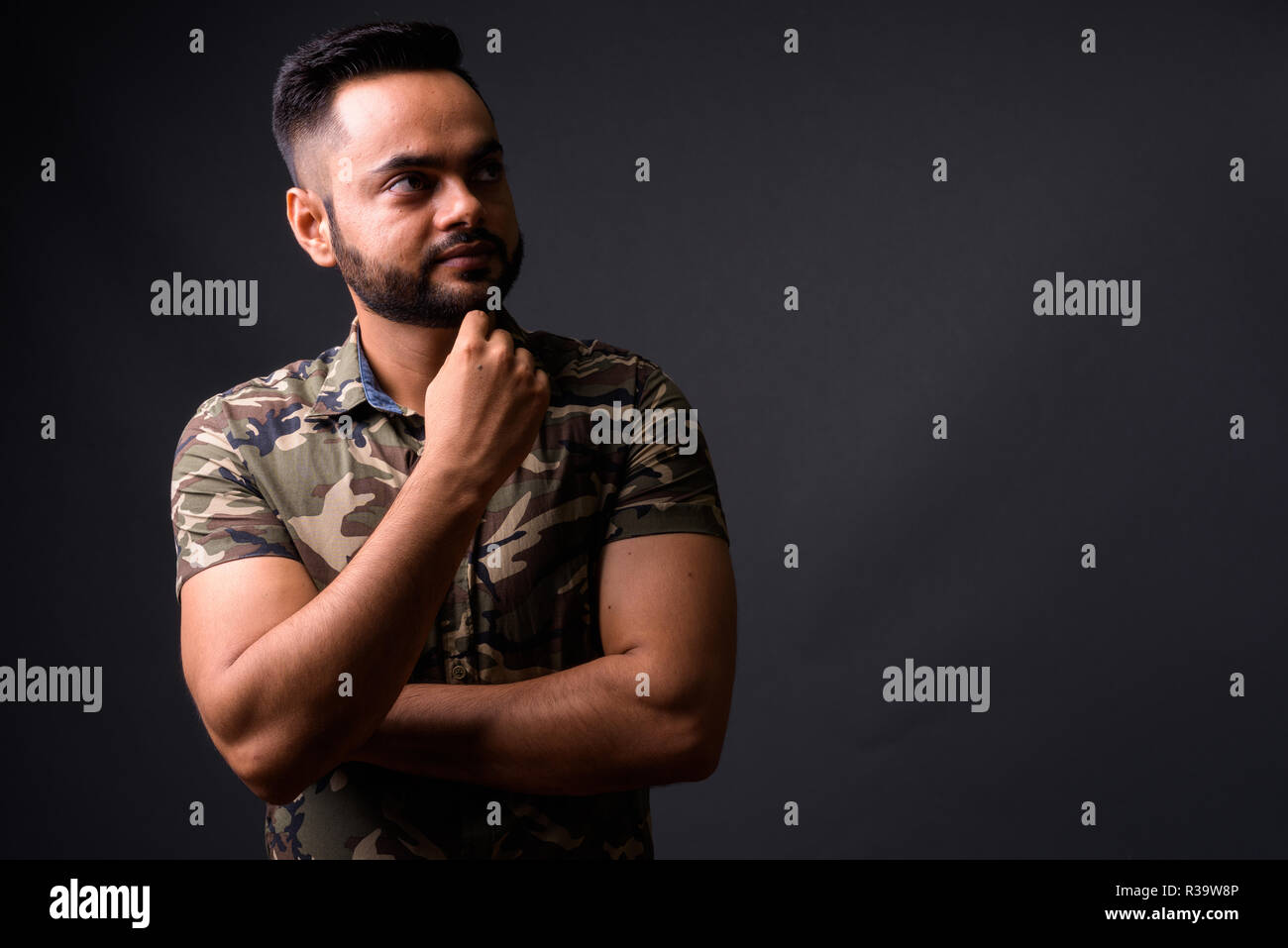 Junge Bartgeier Inder gegen grauer Hintergrund Stockfoto
