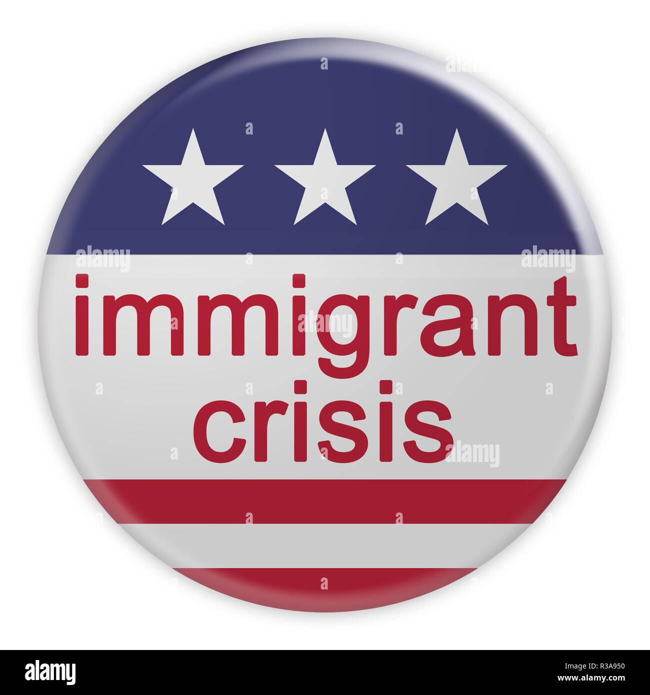 USA Politik Nachrichten Abzeichen: Immigrant Krise Taste mit US-Flagge, 3D-Illustration isoliert auf weißem Hintergrund Stockfoto